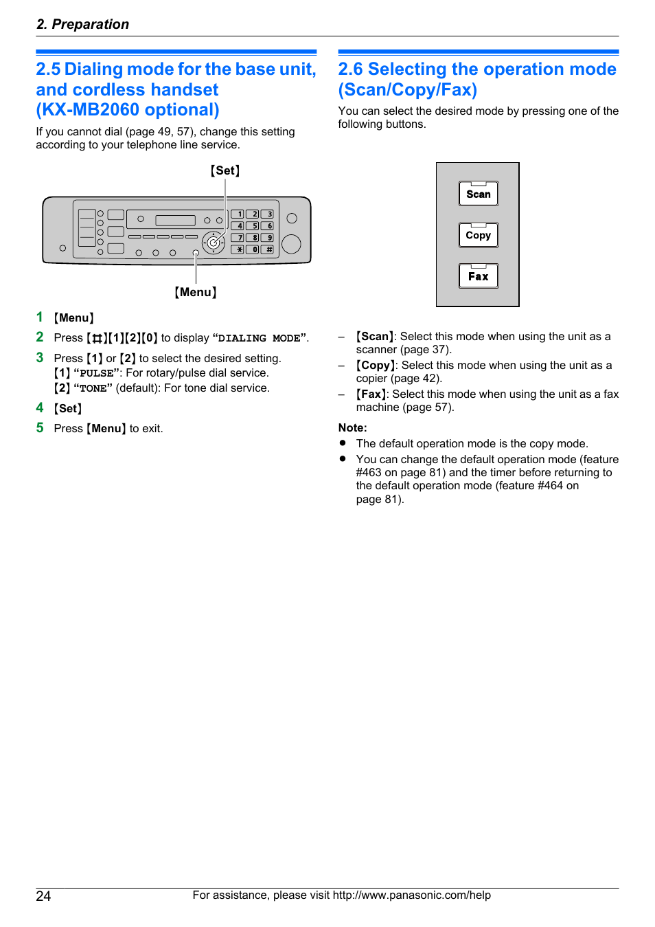 6 selecting the operation mode (scan/copy/fax), Selecting the operation mode (scan/copy/ fax) | Panasonic KX-MB2060 User Manual | Page 24 / 160