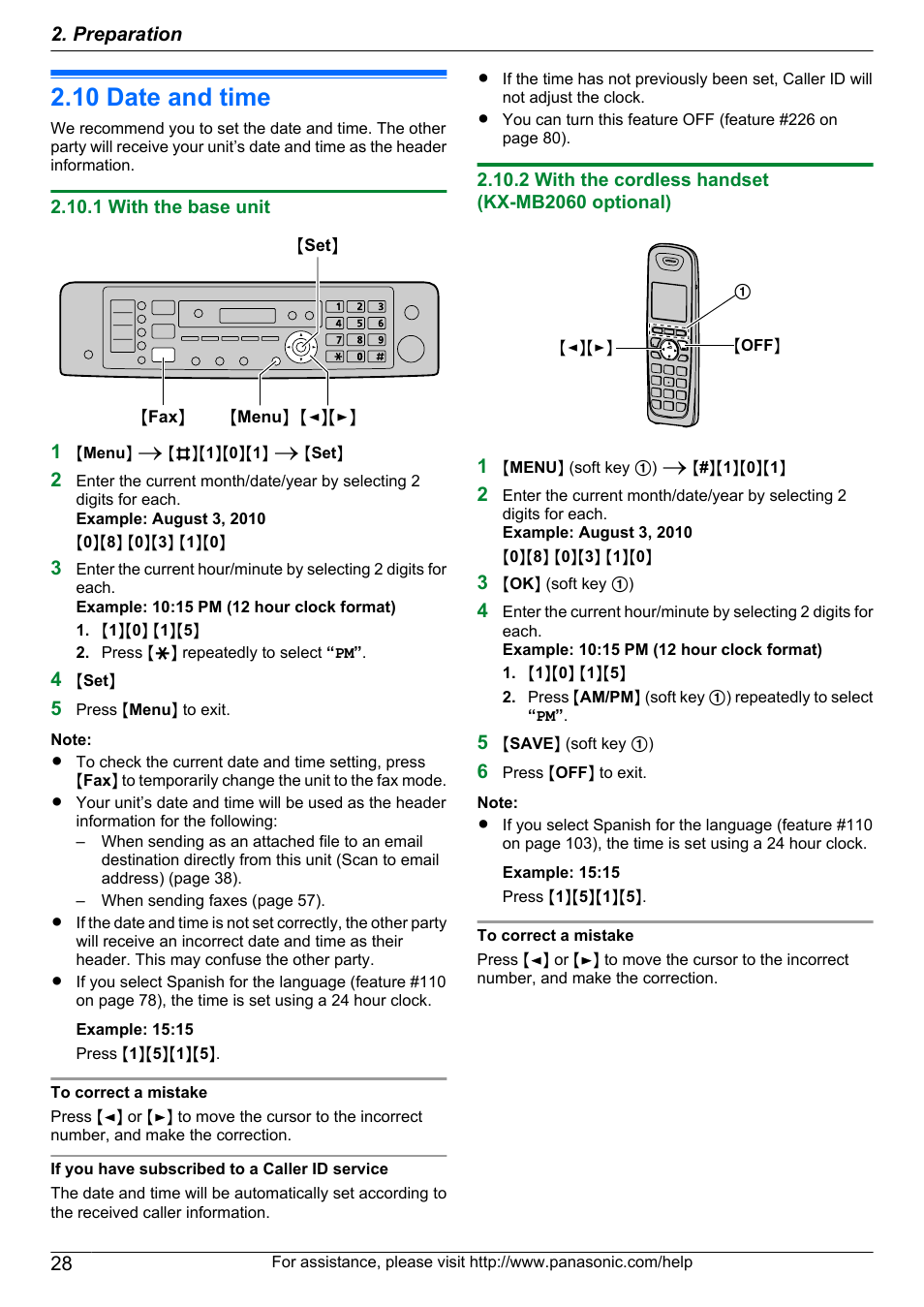 Initial programming, 10 date and time, 1 with the base unit | 2 with the cordless handset (kx-mb2060 optional), Date and time | Panasonic KX-MB2060 User Manual | Page 28 / 160