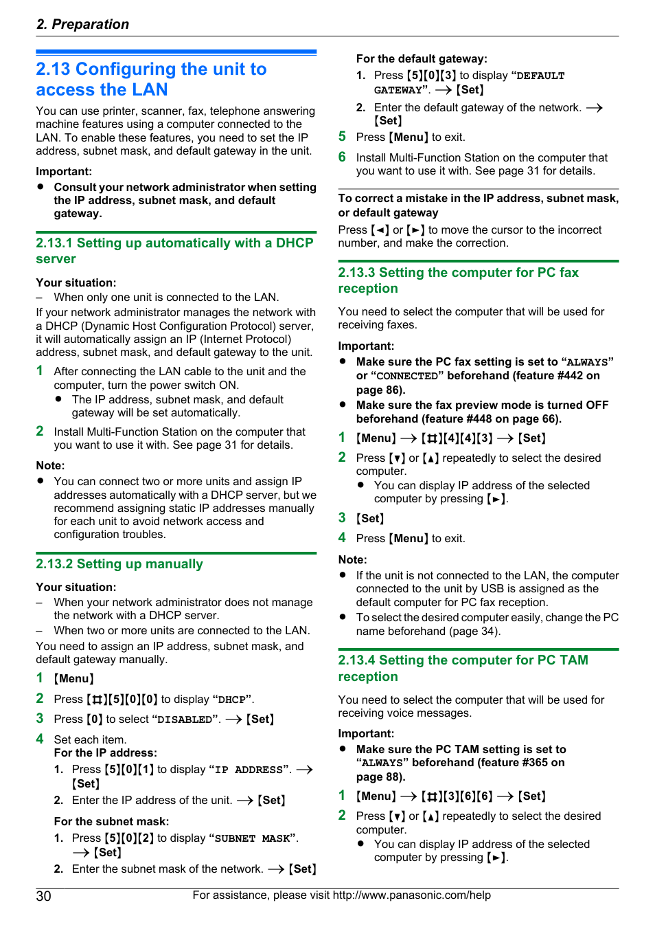 13 configuring the unit to access the lan, 1 setting up automatically with a dhcp server, 2 setting up manually | 3 setting the computer for pc fax reception, 4 setting the computer for pc tam reception, Configuring the unit to access the | Panasonic KX-MB2060 User Manual | Page 30 / 160