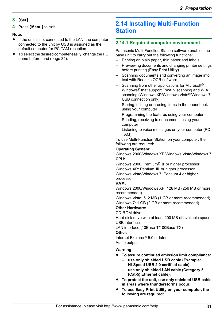 14 installing multi-function station, 1 required computer environment, Installing multi-function station | 31 2. preparation | Panasonic KX-MB2060 User Manual | Page 31 / 160