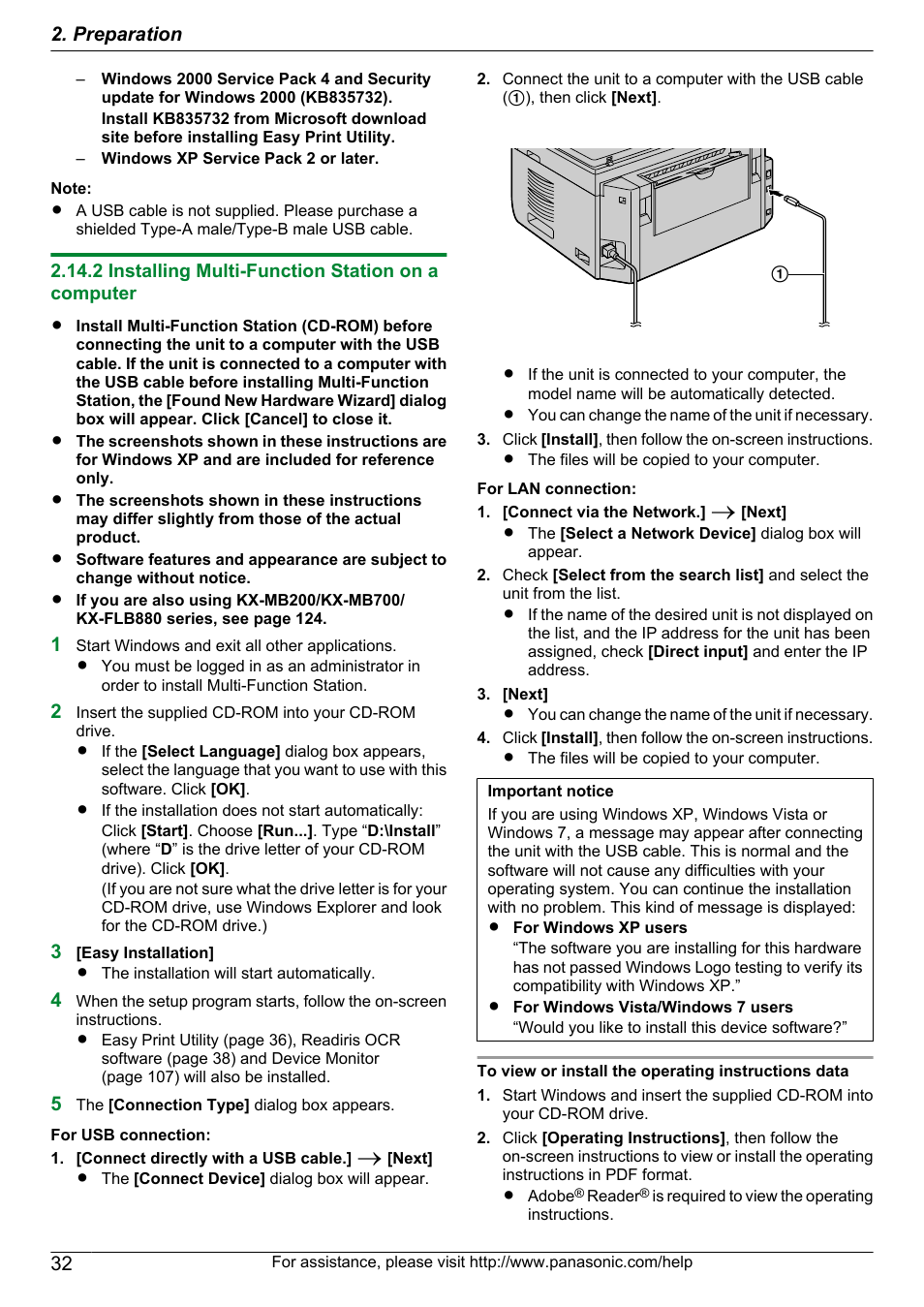 2 installing multi-function station on a computer, Preparation | Panasonic KX-MB2060 User Manual | Page 32 / 160