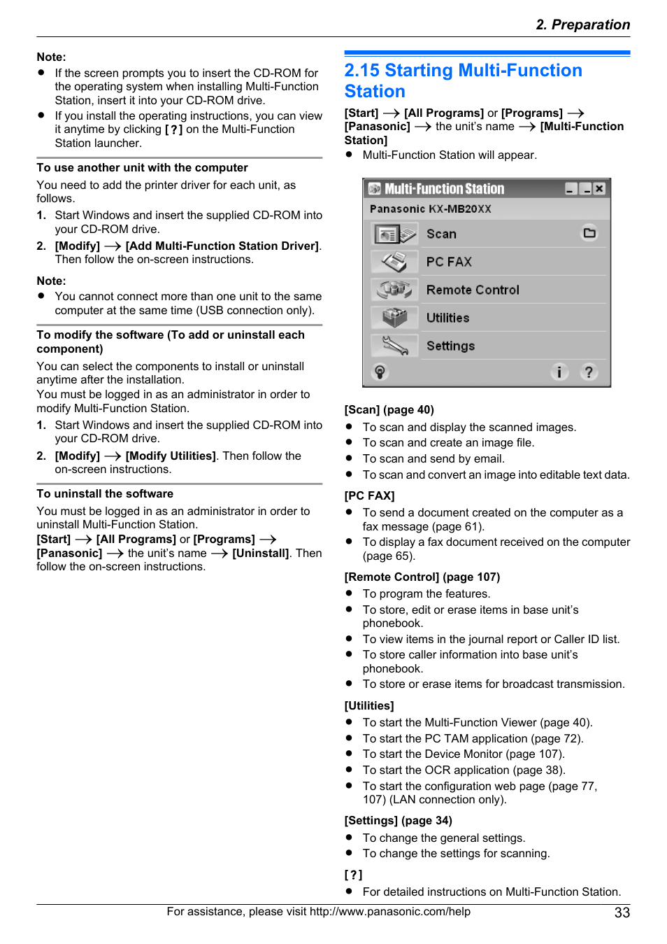 15 starting multi-function station, Starting multi-function station, 33 2. preparation | Panasonic KX-MB2060 User Manual | Page 33 / 160