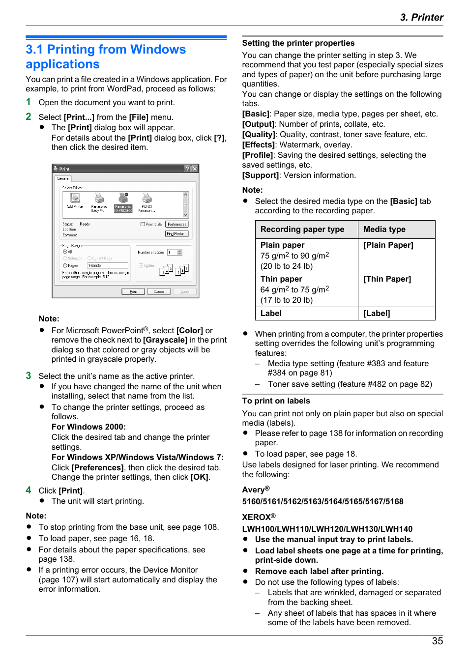 Printer, 1 printing from windows applications, Printing from windows applications | Panasonic KX-MB2060 User Manual | Page 35 / 160