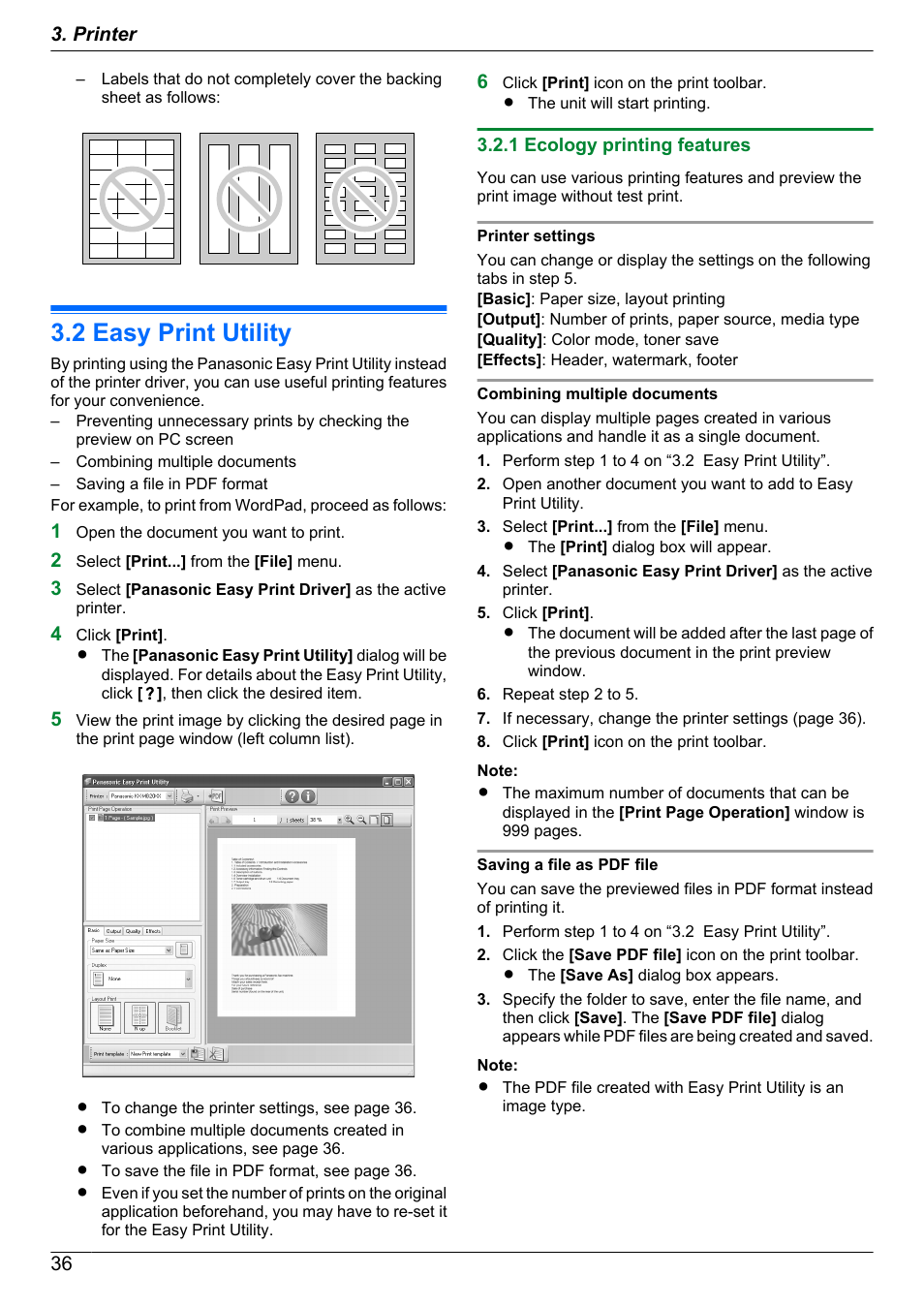 2 easy print utility, 1 ecology printing features, Easy print utility | Panasonic KX-MB2060 User Manual | Page 36 / 160