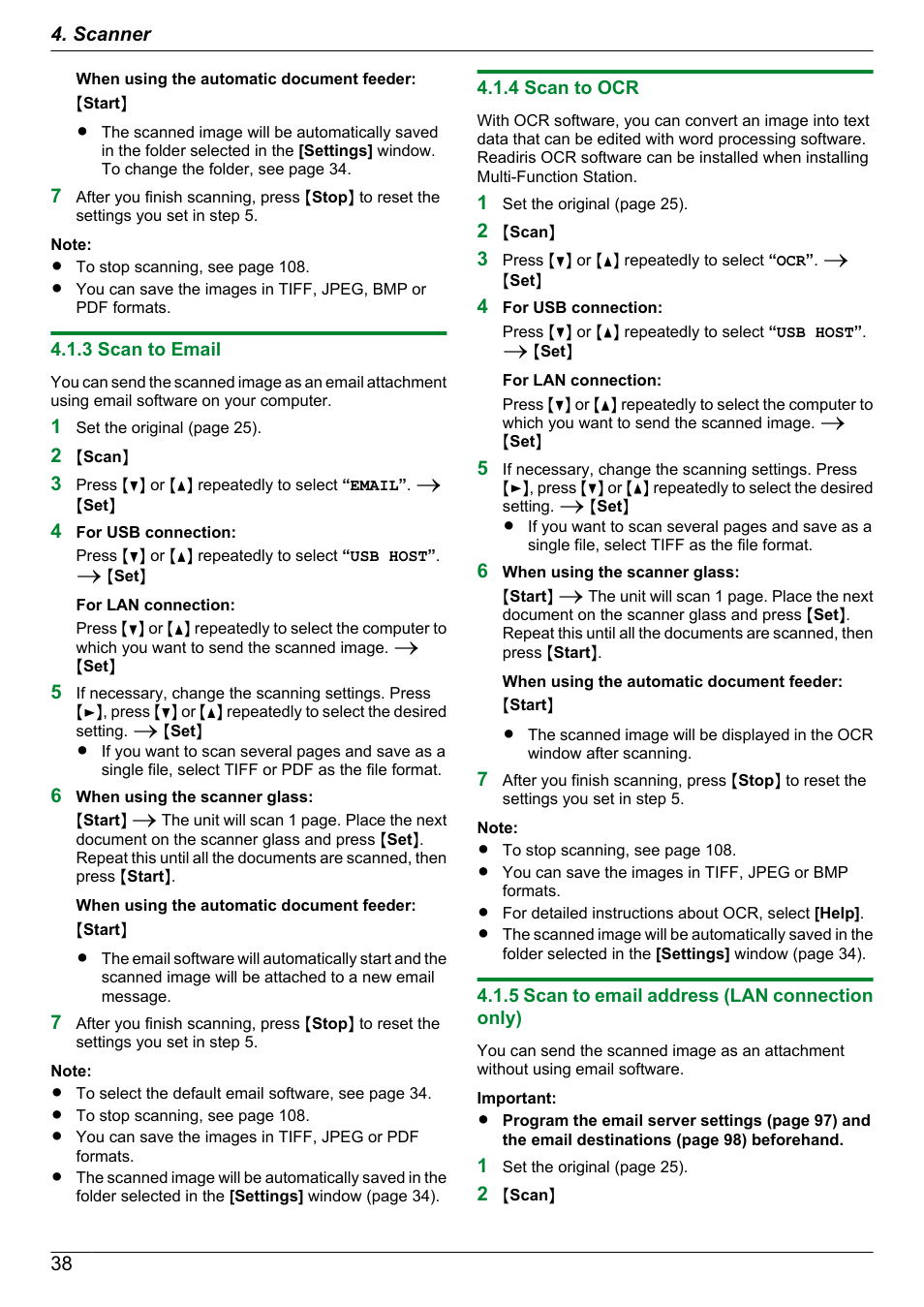 3 scan to email, 4 scan to ocr, 5 scan to email address (lan connection only) | Panasonic KX-MB2060 User Manual | Page 38 / 160
