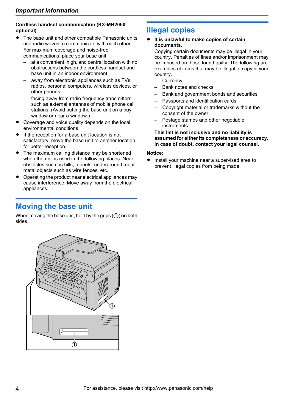 Moving the base unit, Illegal copies | Panasonic KX-MB2060 User Manual | Page 4 / 160