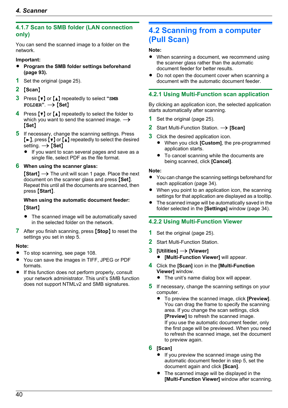 7 scan to smb folder (lan connection only), 2 scanning from a computer (pull scan), 1 using multi-function scan application | 2 using multi-function viewer, Scanning from a computer (pull scan) | Panasonic KX-MB2060 User Manual | Page 40 / 160