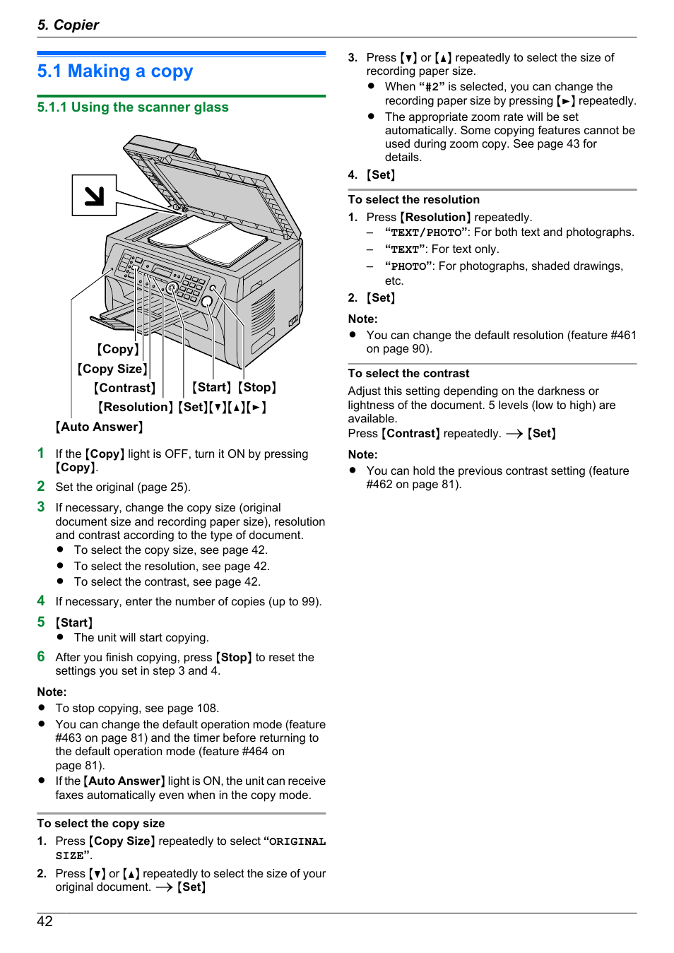 Copier, Copy, 1 making a copy | 1 using the scanner glass, Making a copy | Panasonic KX-MB2060 User Manual | Page 42 / 160