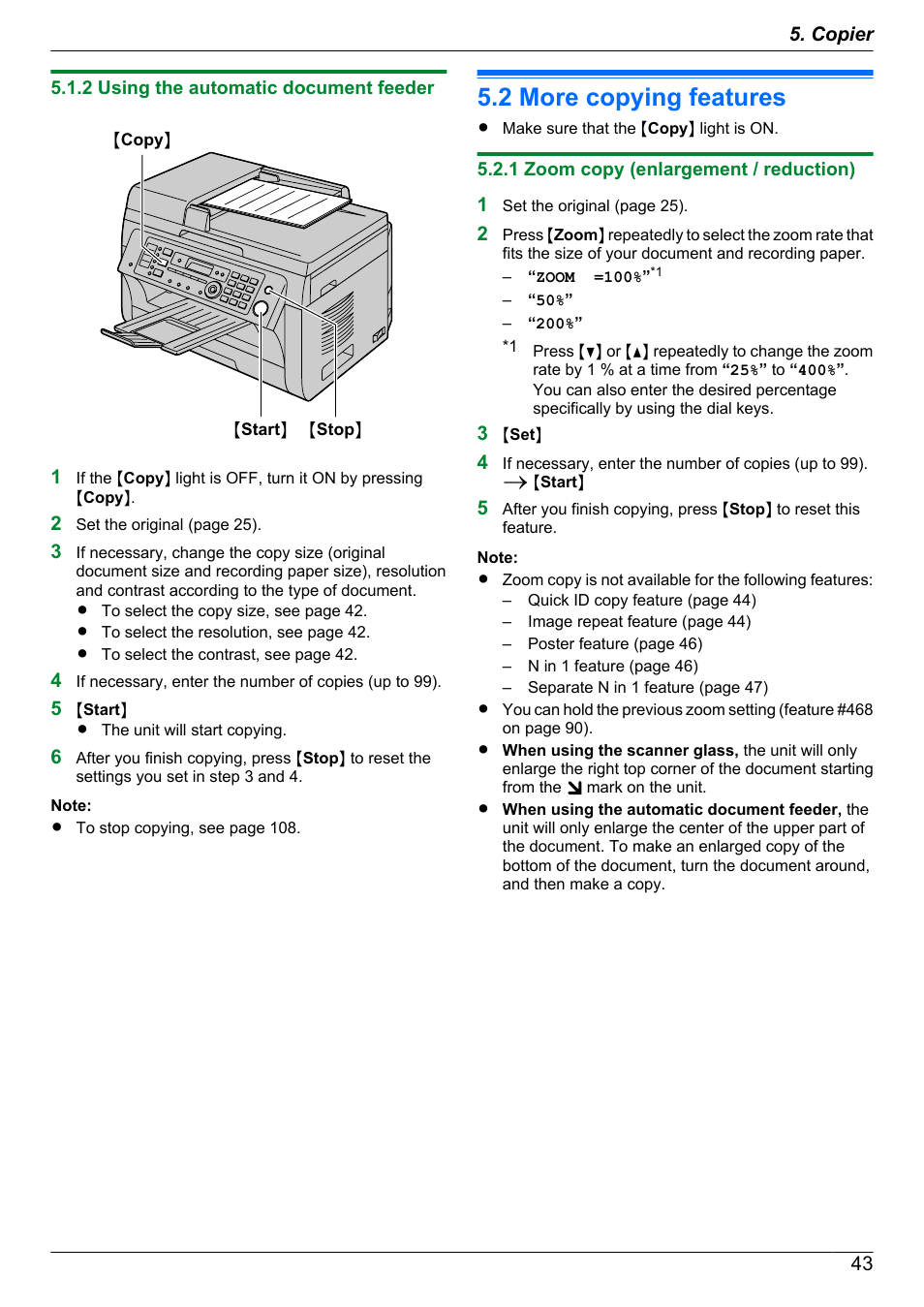 2 using the automatic document feeder, 2 more copying features, 1 zoom copy (enlargement / reduction) | More copying features | Panasonic KX-MB2060 User Manual | Page 43 / 160