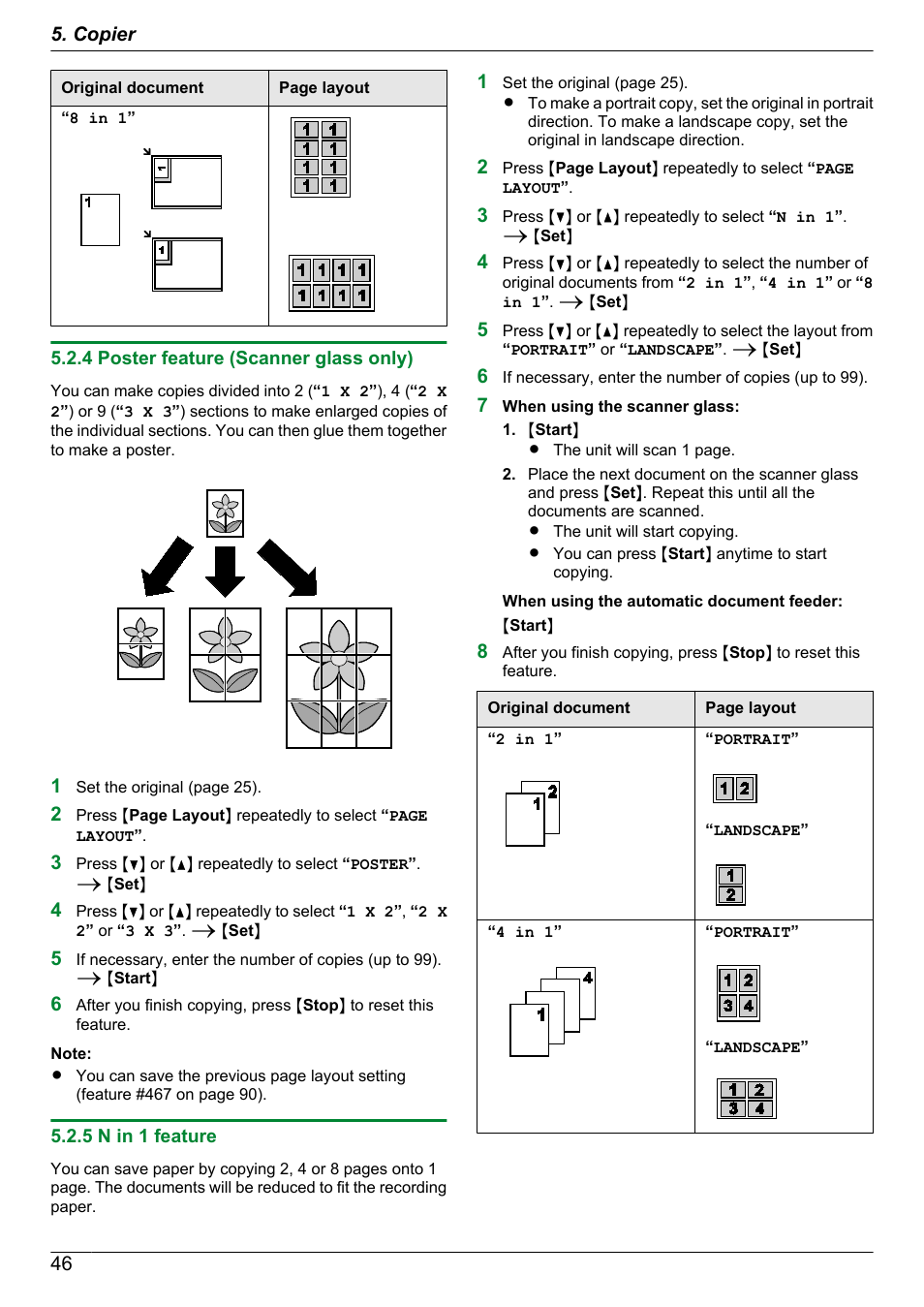 4 poster feature (scanner glass only), 5 n in 1 feature | Panasonic KX-MB2060 User Manual | Page 46 / 160