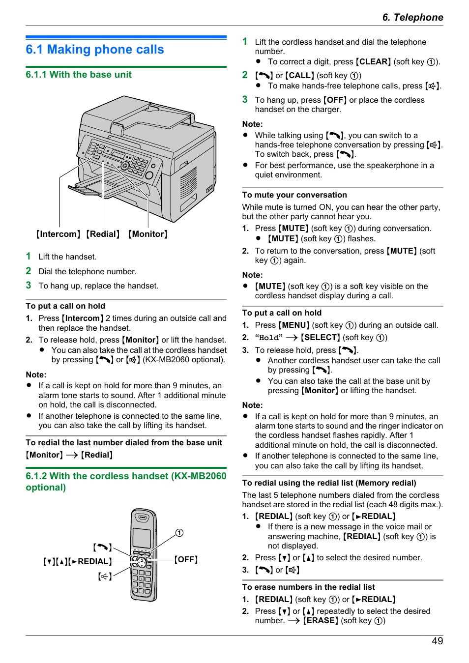 Telephone, Making and answering calls, 1 making phone calls | 1 with the base unit, 2 with the cordless handset (kx-mb2060 optional), Making phone calls | Panasonic KX-MB2060 User Manual | Page 49 / 160