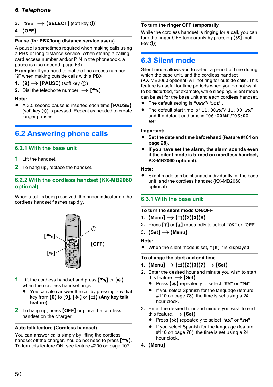 2 answering phone calls, 1 with the base unit, 2 with the cordless handset (kx-mb2060 optional) | 3 silent mode, Answering phone calls, Silent mode | Panasonic KX-MB2060 User Manual | Page 50 / 160