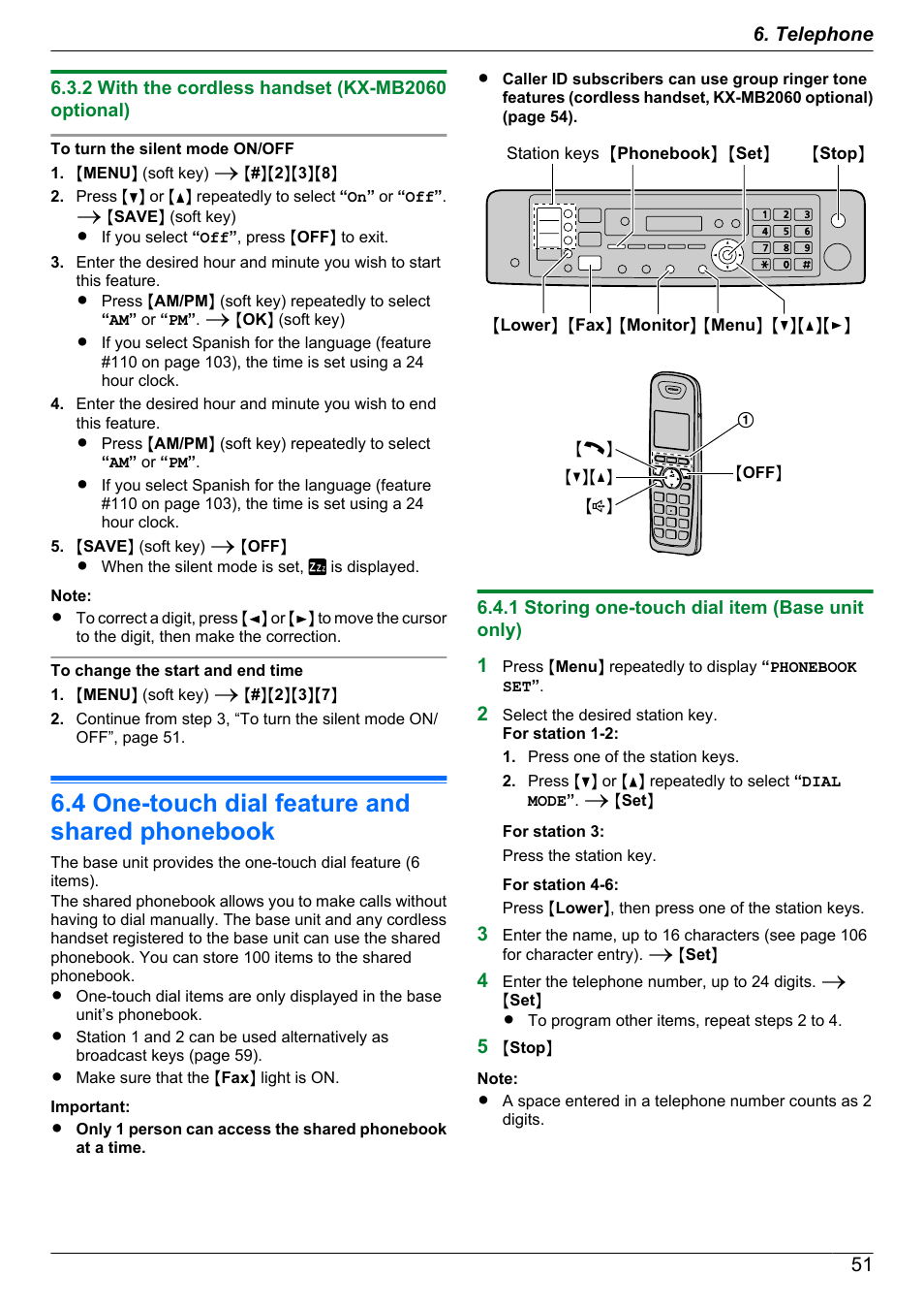 2 with the cordless handset (kx-mb2060 optional), Automatic dialing, 4 one-touch dial feature and shared phonebook | 1 storing one-touch dial item (base unit only), One-touch dial feature and shared phonebook | Panasonic KX-MB2060 User Manual | Page 51 / 160