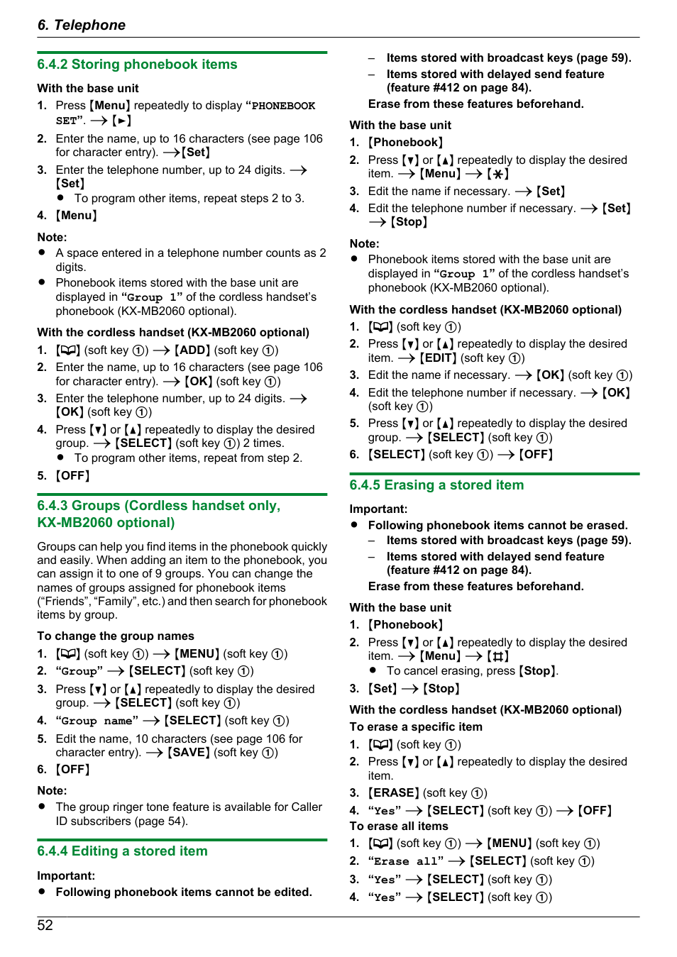 2 storing phonebook items, 4 editing a stored item, 5 erasing a stored item | 52 6. telephone | Panasonic KX-MB2060 User Manual | Page 52 / 160