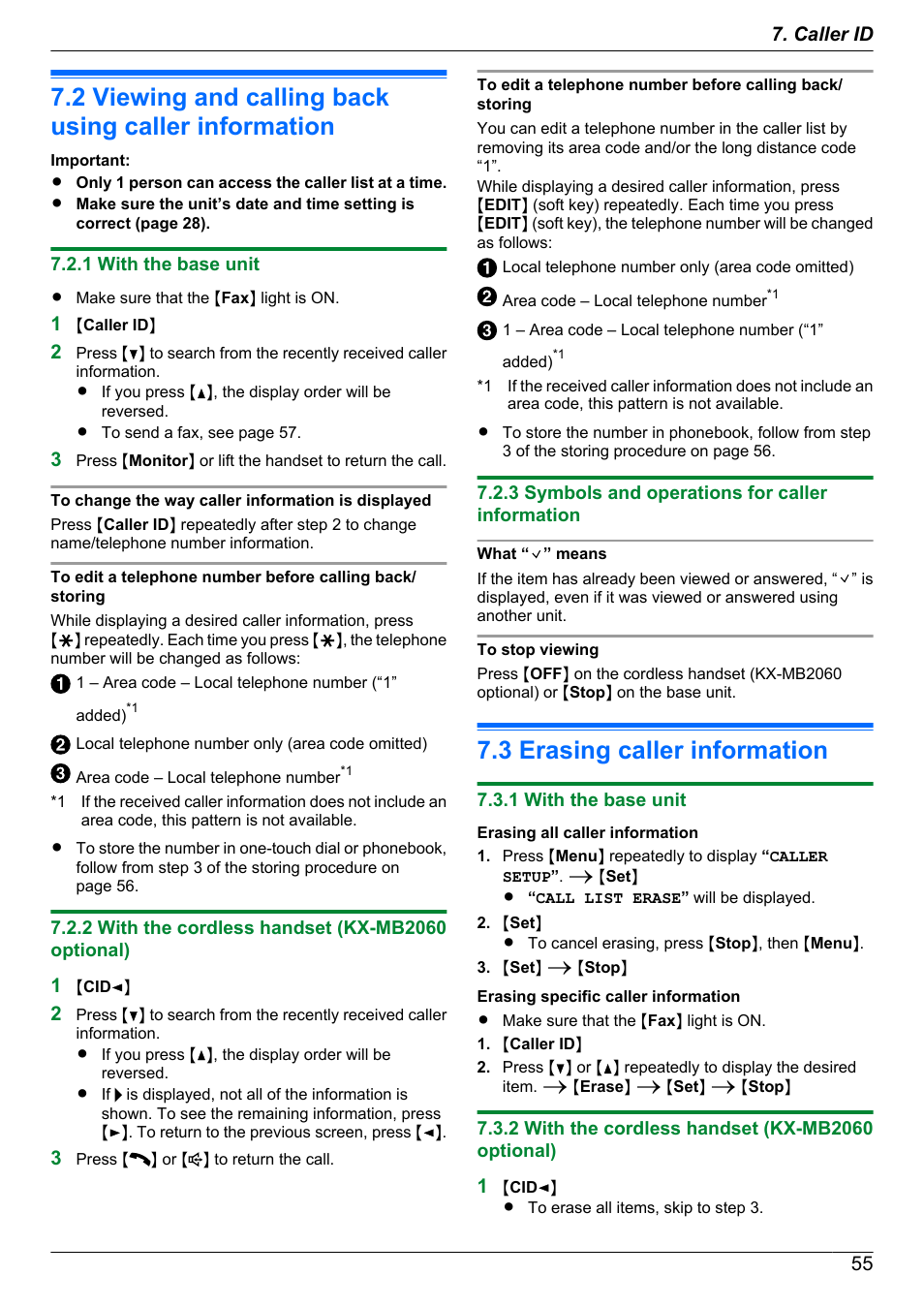 1 with the base unit, 2 with the cordless handset (kx-mb2060 optional), 3 symbols and operations for caller information | 3 erasing caller information, Viewing and calling back using caller information, Erasing caller information | Panasonic KX-MB2060 User Manual | Page 55 / 160