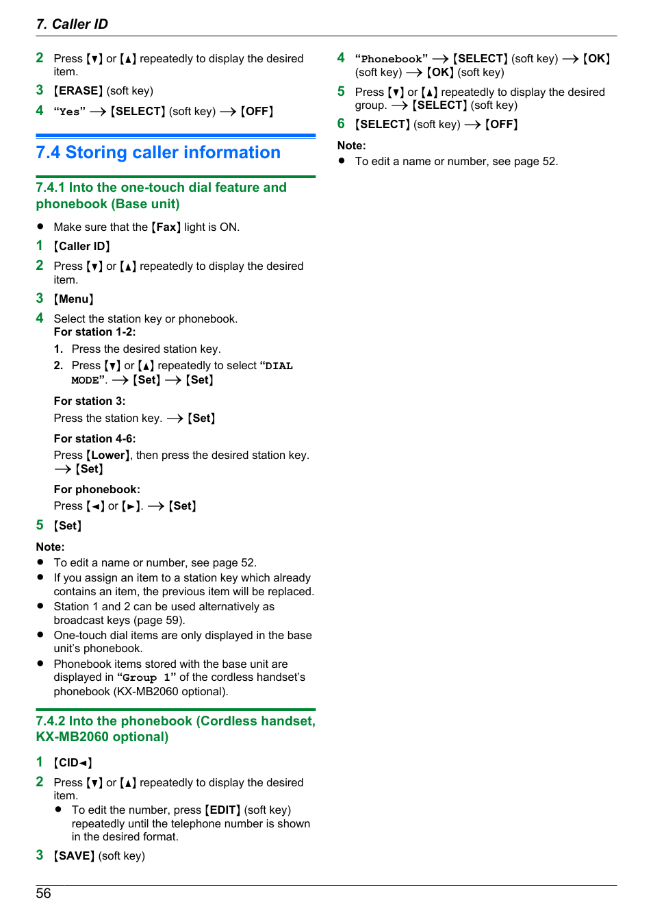 4 storing caller information, Storing caller information, To erase all items, skip to step 3 | Panasonic KX-MB2060 User Manual | Page 56 / 160