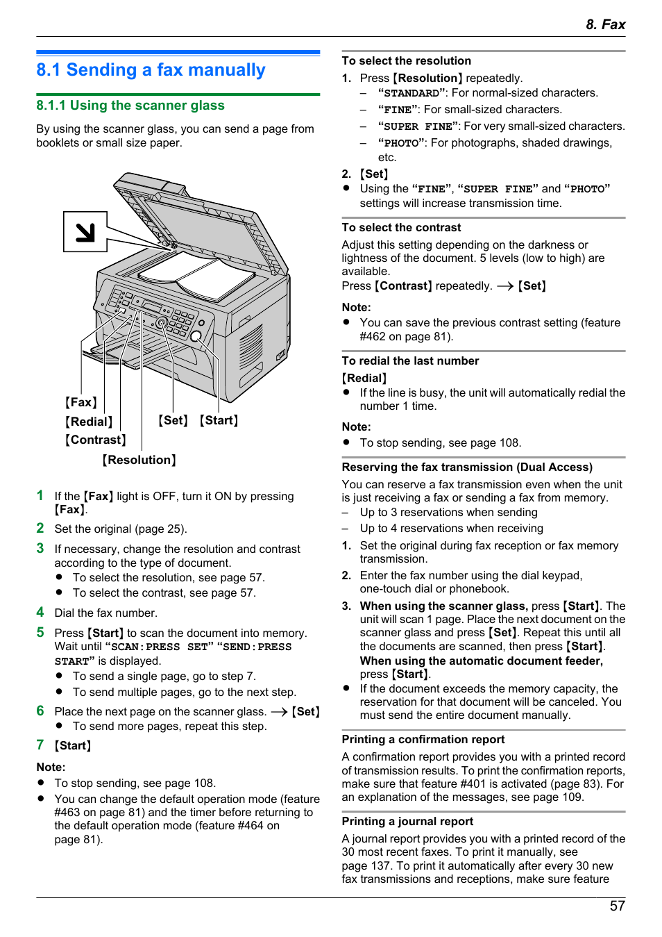 Sending faxes, 1 sending a fax manually, 1 using the scanner glass | Sending a fax manually | Panasonic KX-MB2060 User Manual | Page 57 / 160