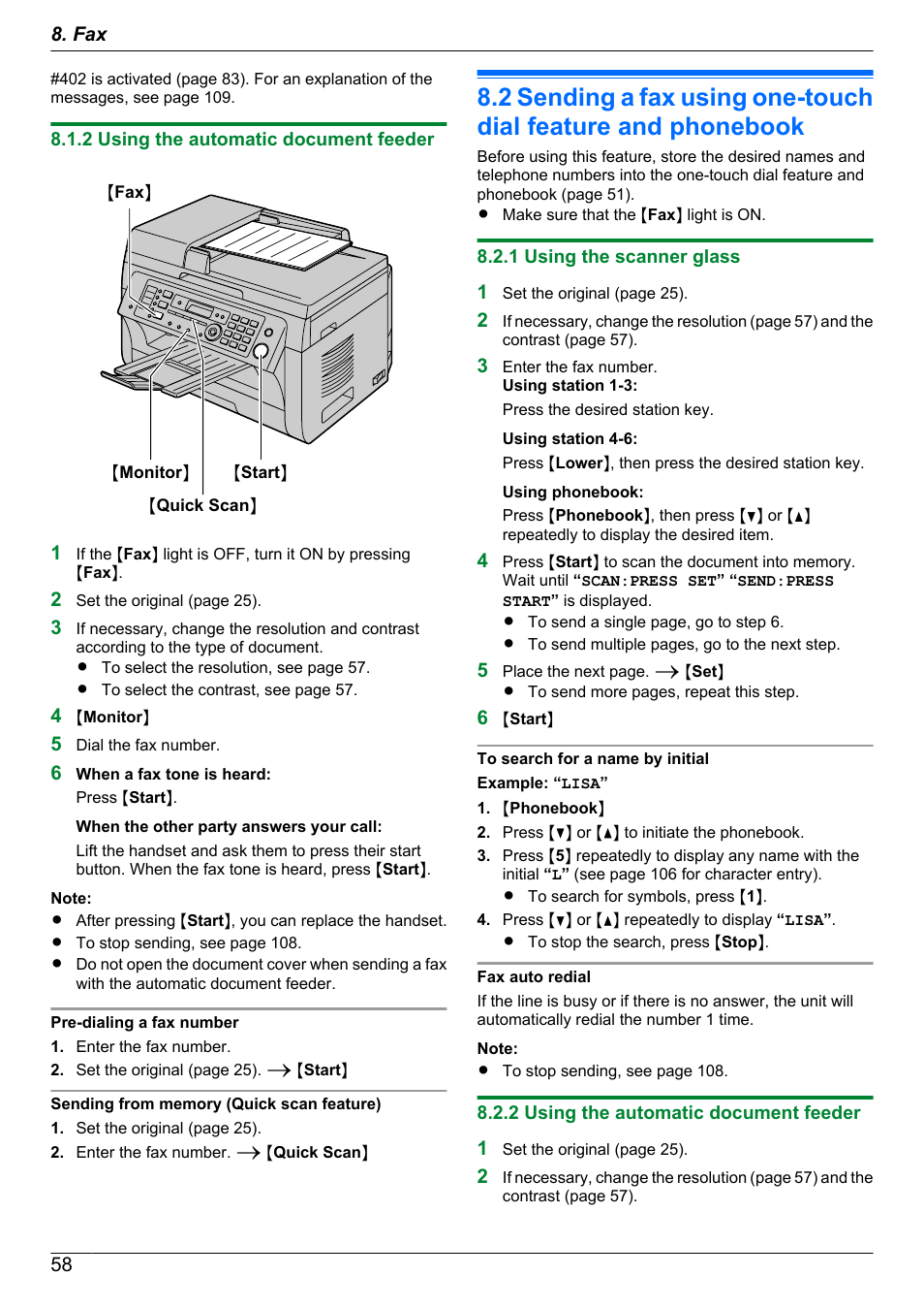 2 using the automatic document feeder, 1 using the scanner glass | Panasonic KX-MB2060 User Manual | Page 58 / 160