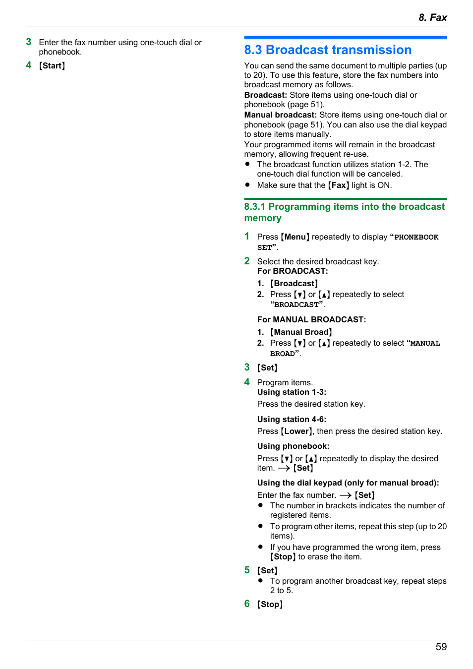 3 broadcast transmission, 1 programming items into the broadcast memory, Broadcast transmission | Panasonic KX-MB2060 User Manual | Page 59 / 160