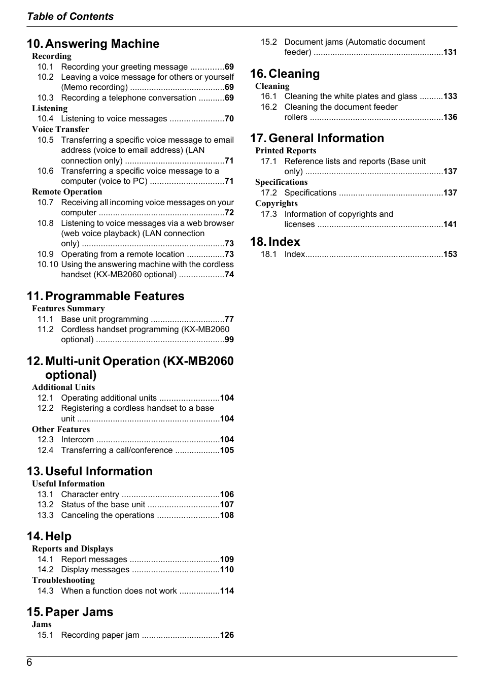 Answering machine, Programmable features, Multi-unit operation (kx-mb2060 optional) | Useful information, Help, Paper jams, Cleaning, General information, Index | Panasonic KX-MB2060 User Manual | Page 6 / 160