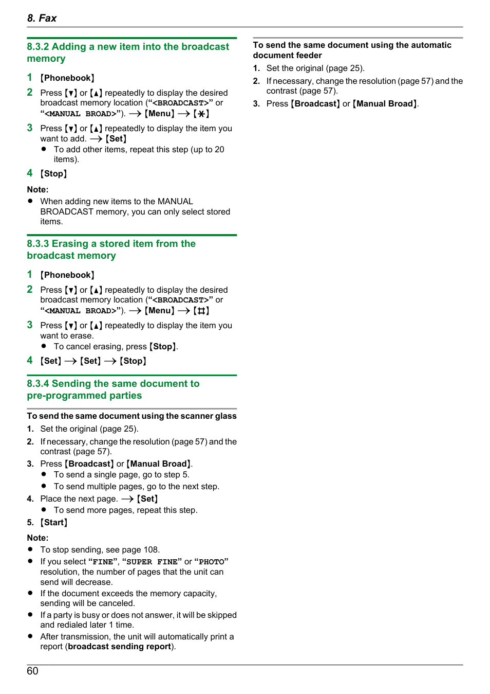 2 adding a new item into the broadcast memory, 3 erasing a stored item from the broadcast memory | Panasonic KX-MB2060 User Manual | Page 60 / 160