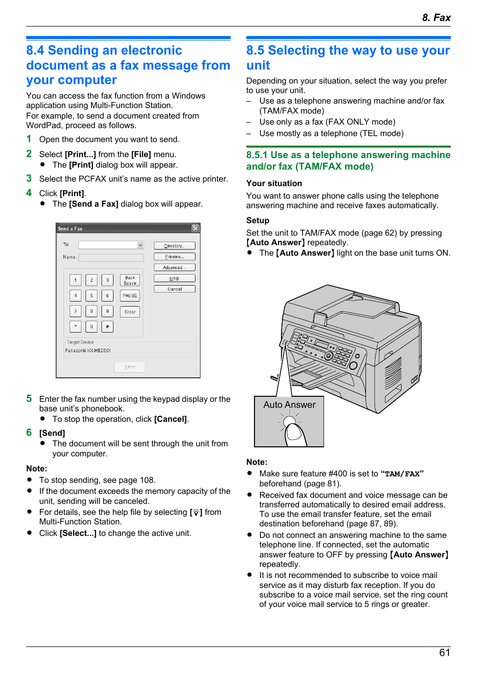 Receiving faxes, 5 selecting the way to use your unit, Selecting the way to use your unit | Panasonic KX-MB2060 User Manual | Page 61 / 160