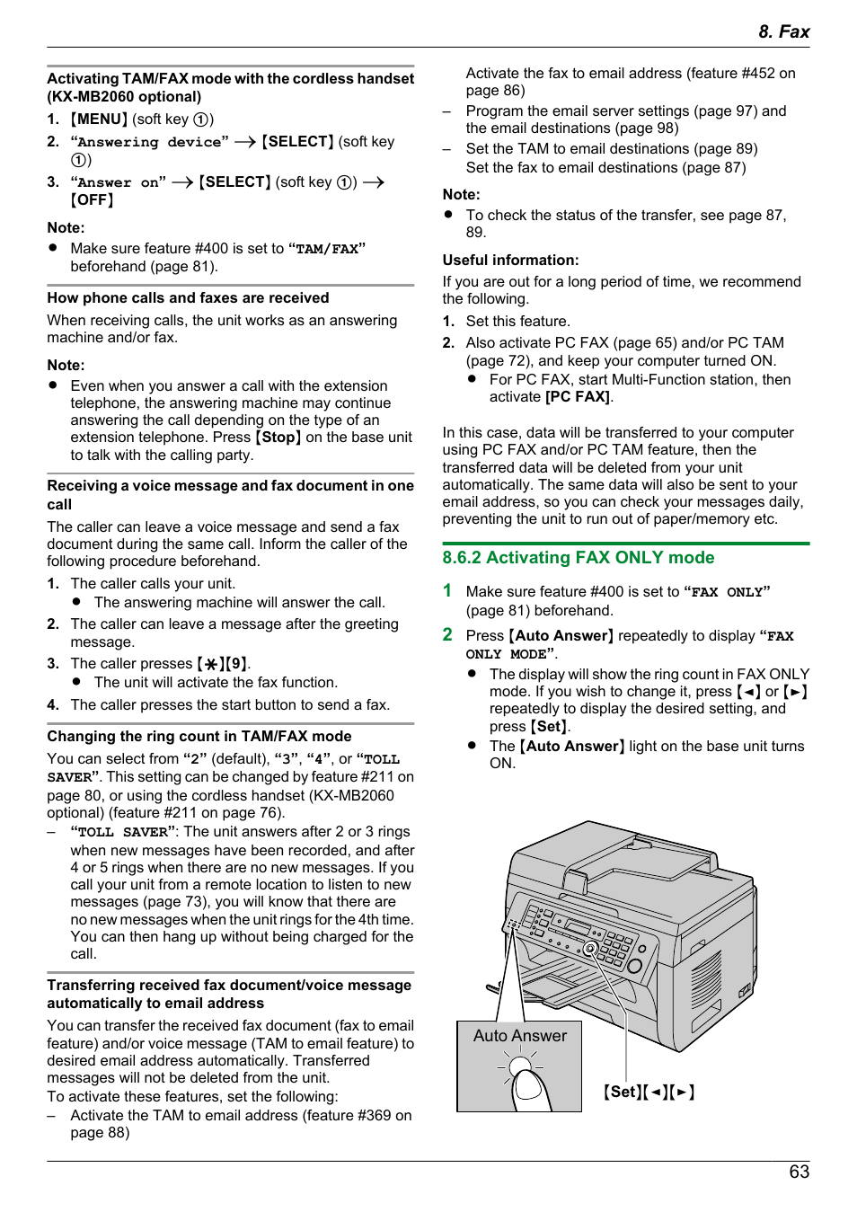 2 activating fax only mode, 63 8. fax | Panasonic KX-MB2060 User Manual | Page 63 / 160