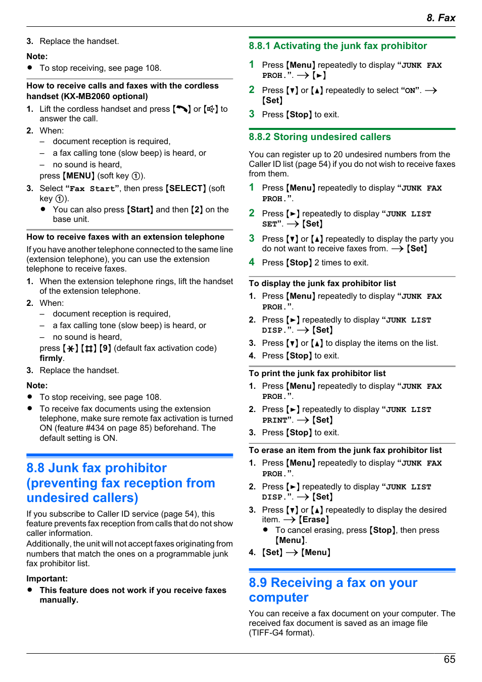 1 activating the junk fax prohibitor, 2 storing undesired callers, 9 receiving a fax on your computer | Receiving a fax on your computer | Panasonic KX-MB2060 User Manual | Page 65 / 160