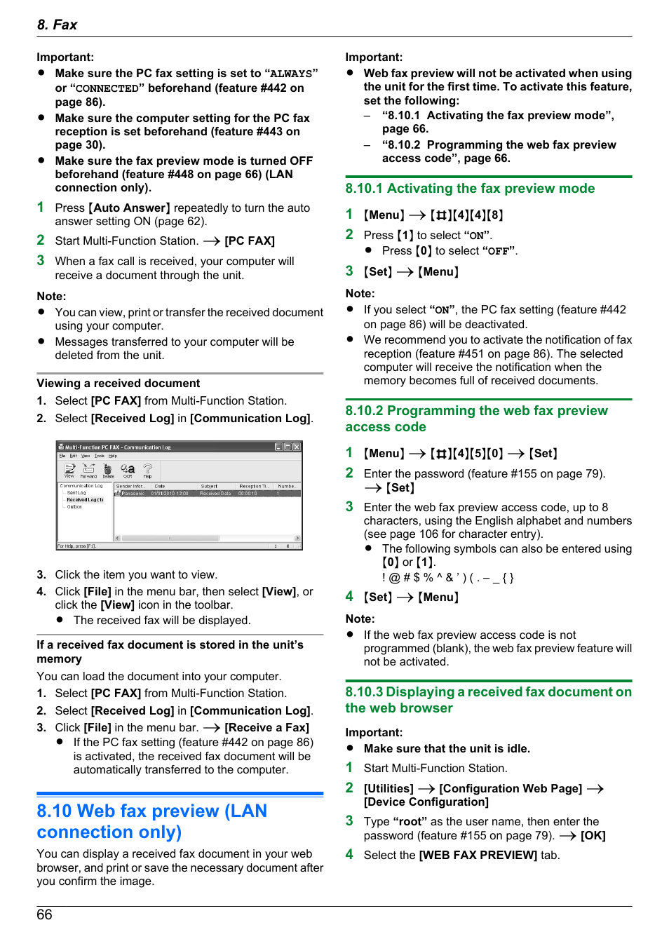 10 web fax preview (lan connection only), 1 activating the fax preview mode, 2 programming the web fax preview access code | Web fax preview (lan connection, Only) | Panasonic KX-MB2060 User Manual | Page 66 / 160