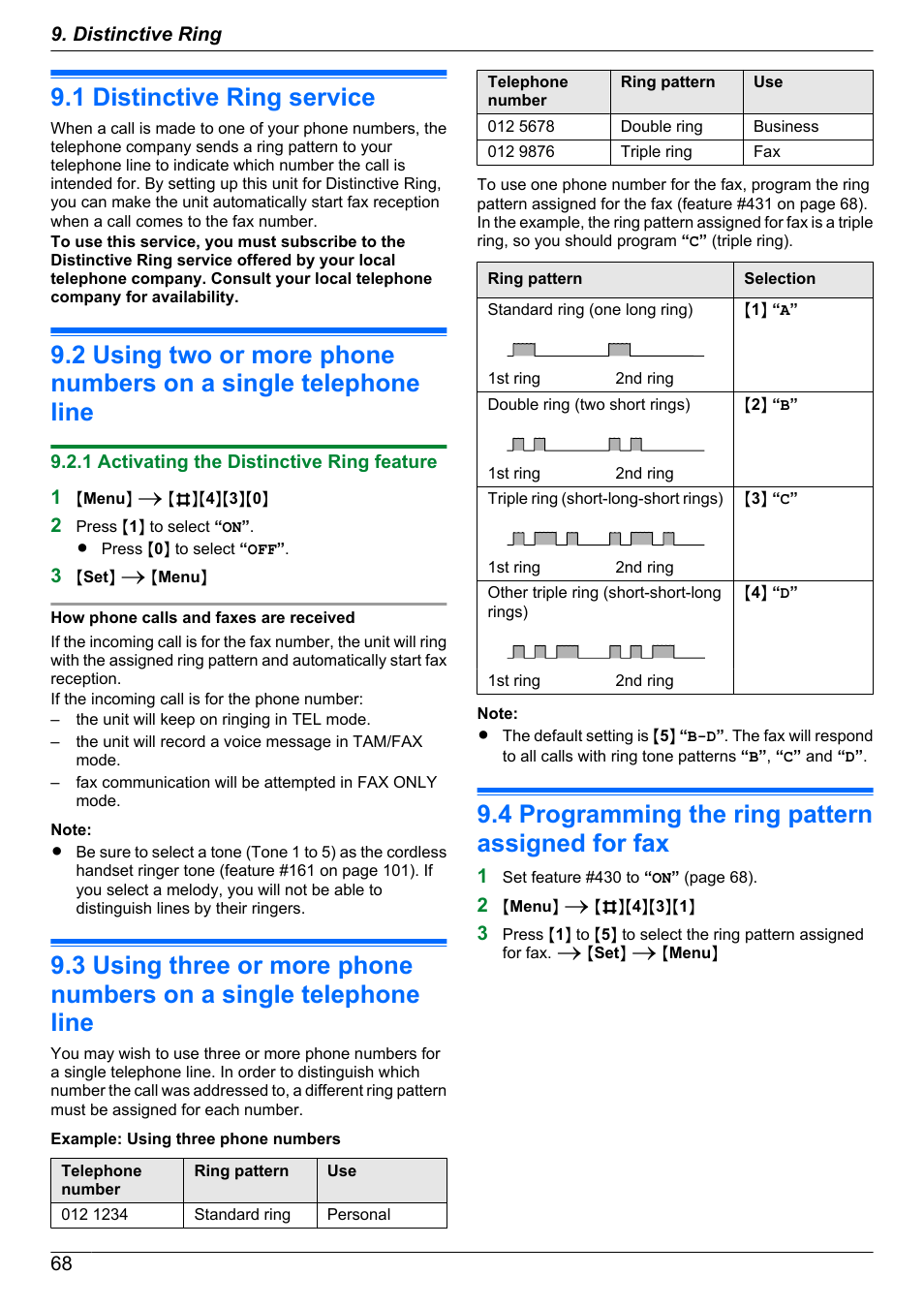 Distinctive ring, 1 distinctive ring service, 1 activating the distinctive ring feature | 4 programming the ring pattern assigned for fax, Distinctive ring service, Programming the ring pattern assigned for fax | Panasonic KX-MB2060 User Manual | Page 68 / 160