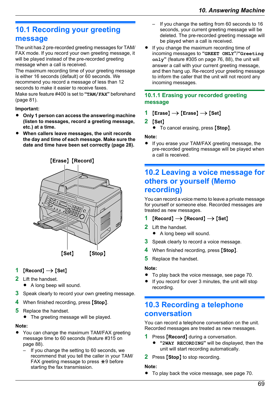 Answering machine, Recording, 1 recording your greeting message | 1 erasing your recorded greeting message, 3 recording a telephone conversation, Recording your greeting message, Leaving a voice message for others or yourself, Memo recording), Recording a telephone conversation | Panasonic KX-MB2060 User Manual | Page 69 / 160