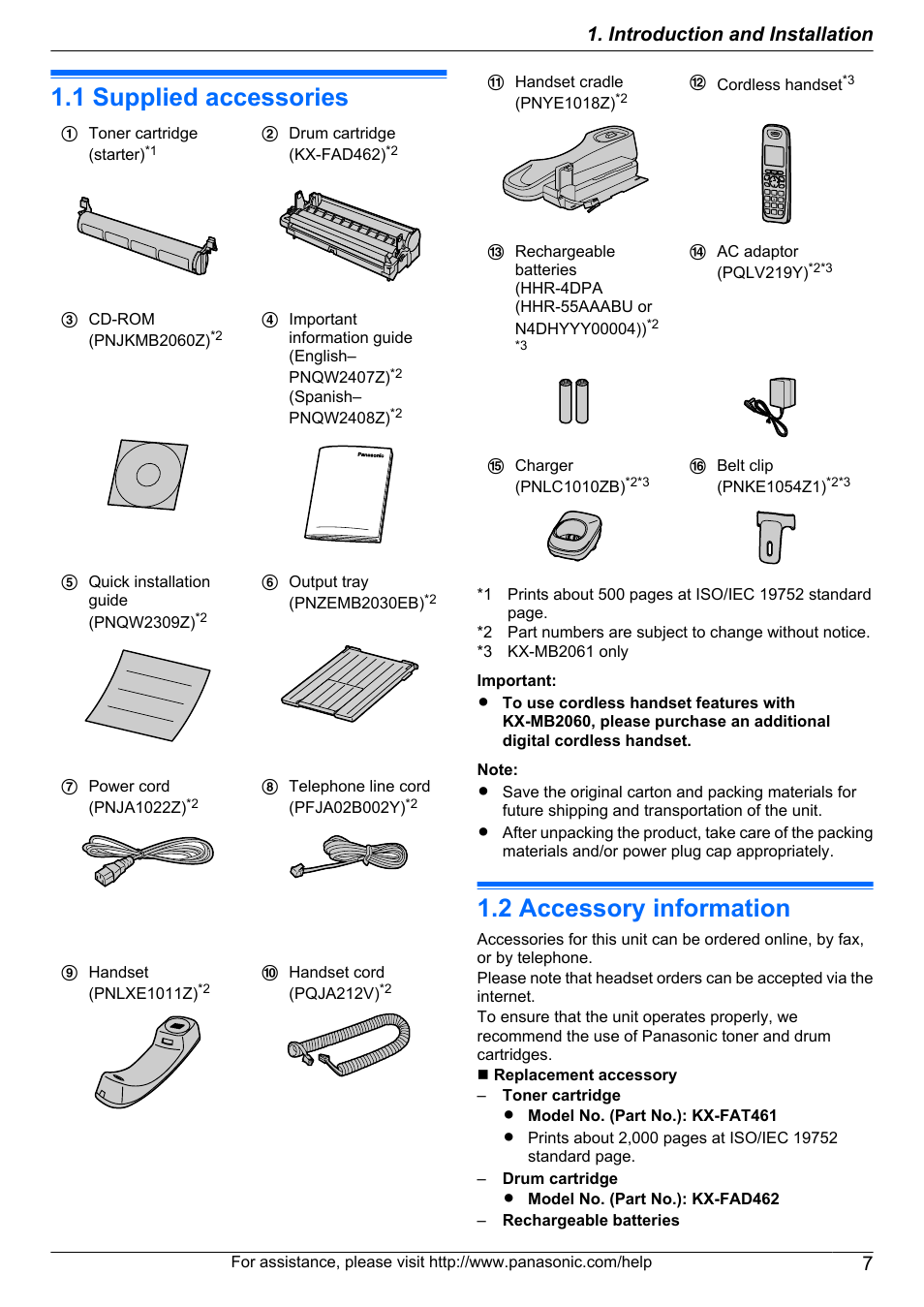 Introduction and installation, Accessories, 1 supplied accessories | 2 accessory information, Supplied accessories, Accessory information | Panasonic KX-MB2060 User Manual | Page 7 / 160