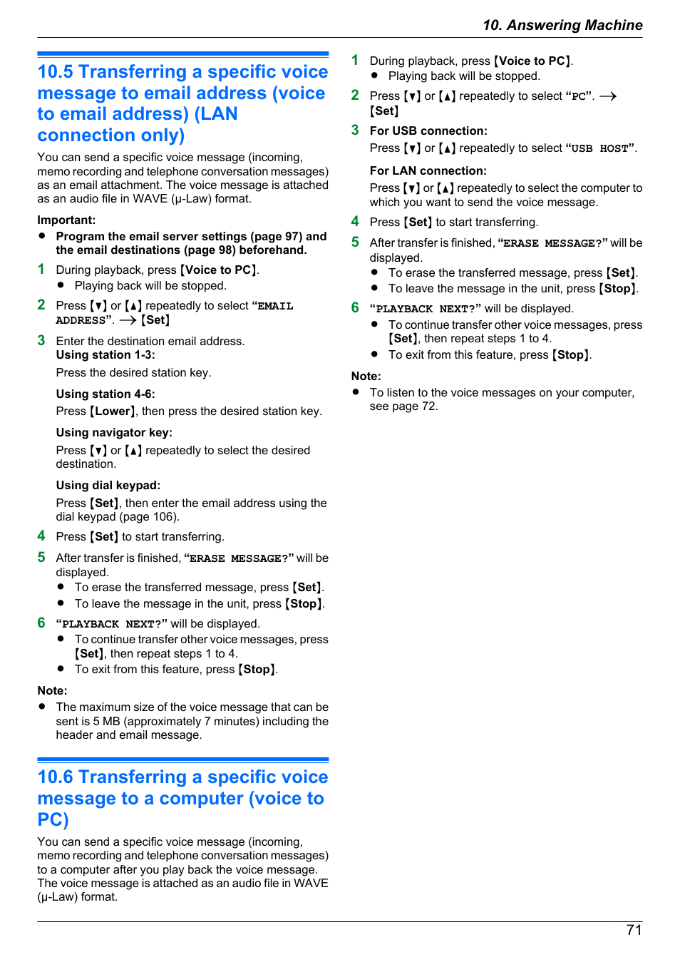 Voice transfer, Transferring a specific voice message to email, Transferring a specific voice message to a | Computer (voice to pc) | Panasonic KX-MB2060 User Manual | Page 71 / 160