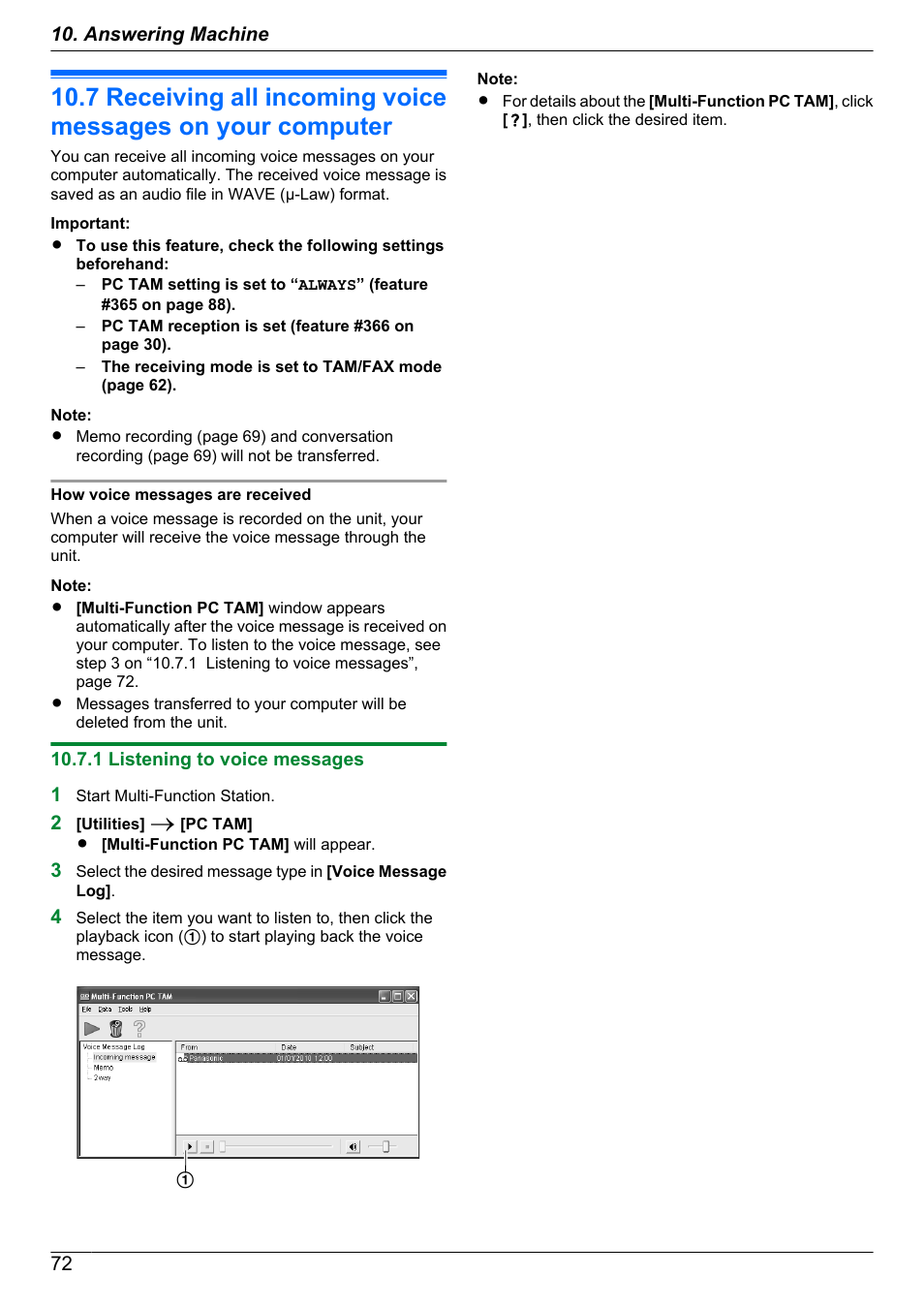 Remote operation, 1 listening to voice messages, Receiving all incoming voice messages on your | Computer | Panasonic KX-MB2060 User Manual | Page 72 / 160