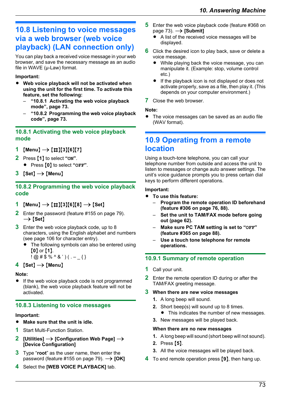 1 activating the web voice playback mode, 2 programming the web voice playback code, 3 listening to voice messages | 9 operating from a remote location, 1 summary of remote operation, Listening to voice messages via a web browser, Web voice playback) (lan connection only), Operating from a remote location | Panasonic KX-MB2060 User Manual | Page 73 / 160