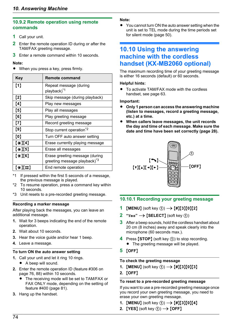 2 remote operation using remote commands, 1 recording your greeting message, Using the answering machine with the cordless | Handset (kx-mb2060 optional) | Panasonic KX-MB2060 User Manual | Page 74 / 160