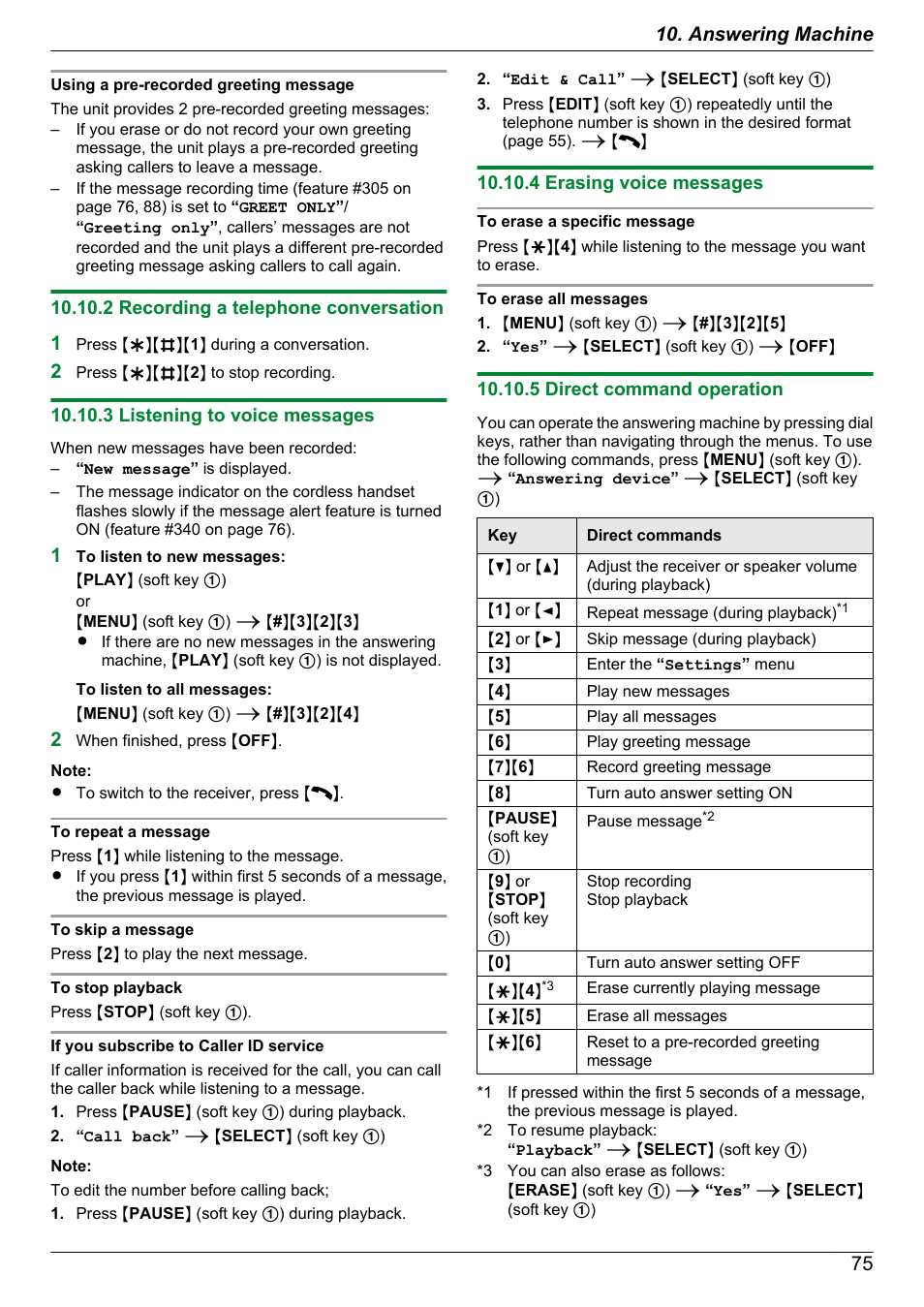 2 recording a telephone conversation, 3 listening to voice messages, 4 erasing voice messages | 5 direct command operation, 75 10. answering machine | Panasonic KX-MB2060 User Manual | Page 75 / 160