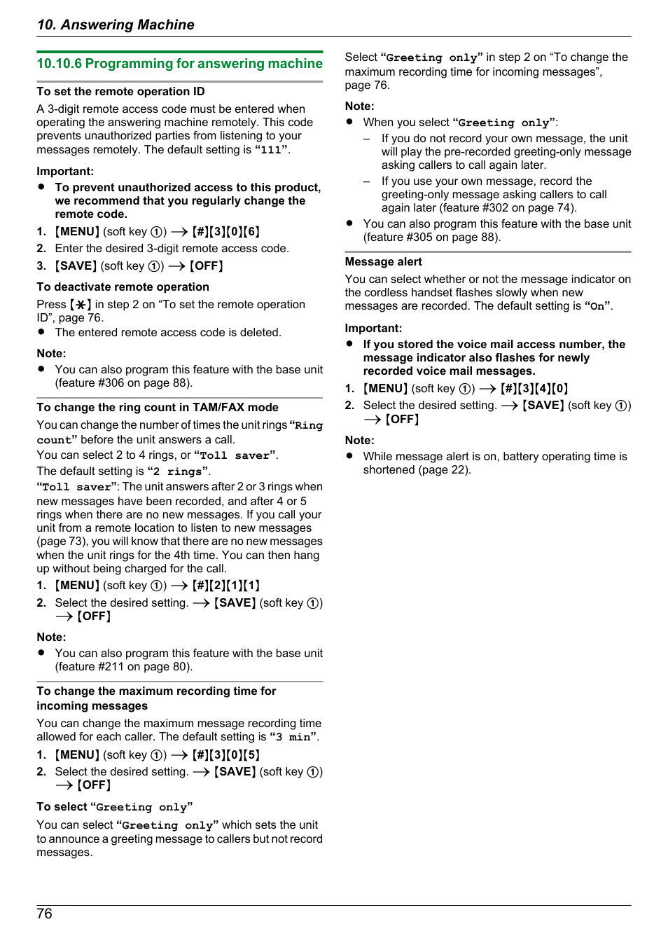 6 programming for answering machine, 76 10. answering machine | Panasonic KX-MB2060 User Manual | Page 76 / 160