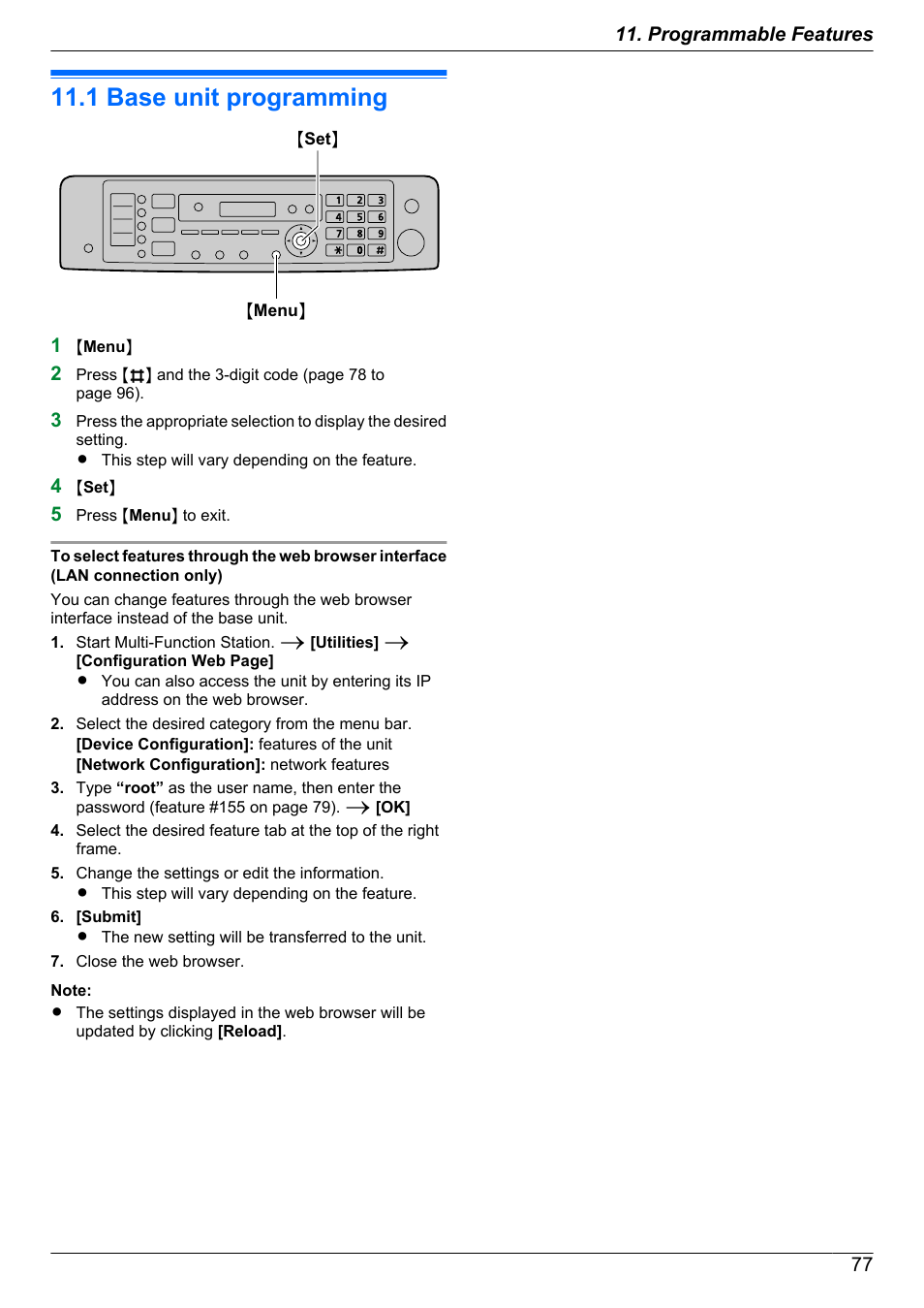 Programmable features, Features summary, 1 base unit programming | Base unit programming | Panasonic KX-MB2060 User Manual | Page 77 / 160