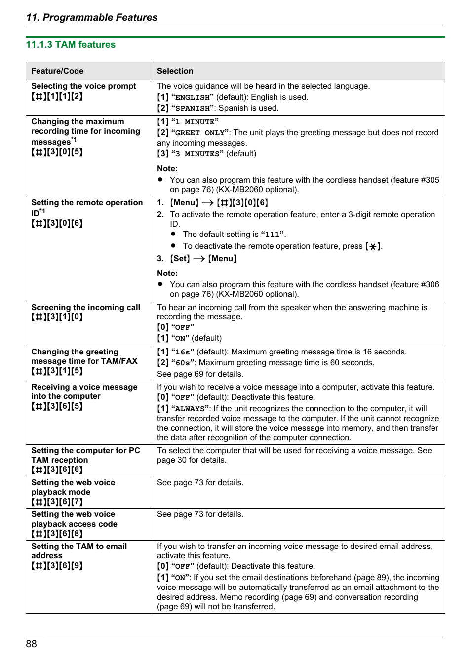 3 tam features, 88 11. programmable features | Panasonic KX-MB2060 User Manual | Page 88 / 160