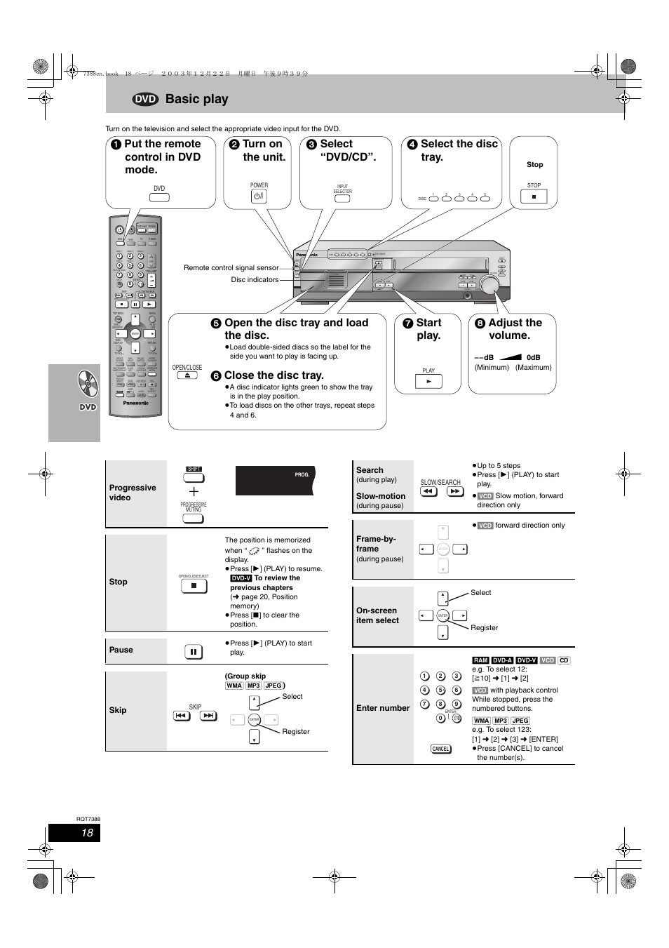 Basic play, 6 close the disc tray, 7 start play | 4 select the disc tray, 8 adjust the volume, Progressive video stop, Pause, Skip, Search, Slow-motion | Panasonic SC-HT820V User Manual | Page 18 / 56