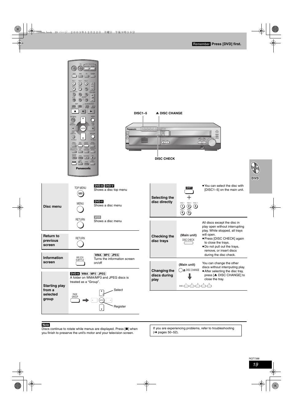 Remember, Disc menu, Return to previous screen information screen | Starting play from a selected group, Selecting the disc directly, Checking the disc trays, Changing the discs during play, Press [dvd] first, Dvd-v] shows a disc menu [vcd] shows a disc menu, Top menu menu return return | Panasonic SC-HT820V User Manual | Page 19 / 56