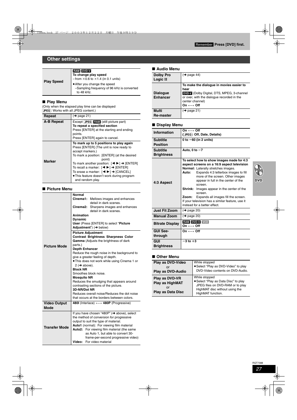 Other settings | Panasonic SC-HT820V User Manual | Page 27 / 56