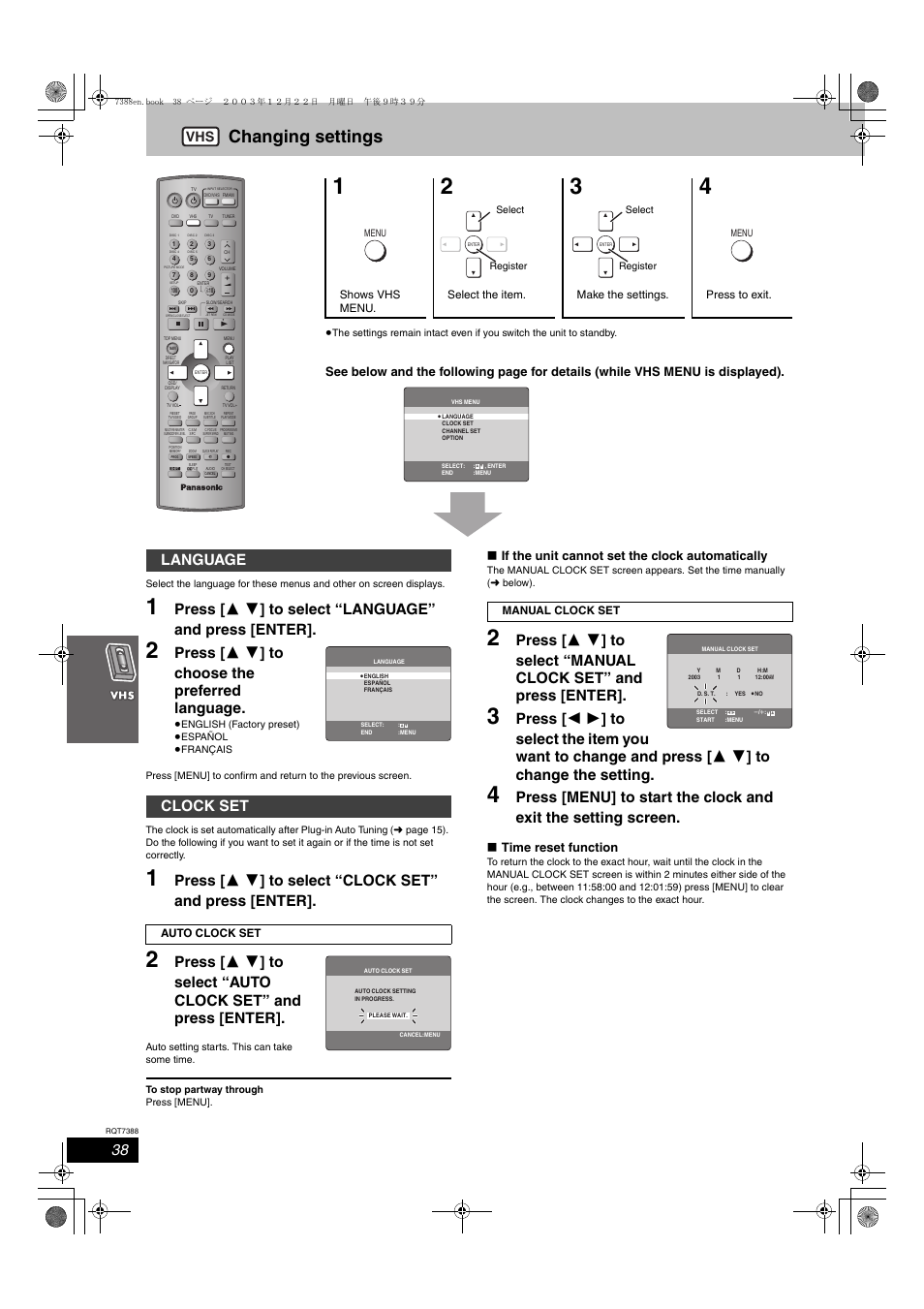 Changing settings, Press [ 3 4 ] to choose the preferred language, Language clock set | If the unit cannot set the clock automatically, Time reset function | Panasonic SC-HT820V User Manual | Page 38 / 56