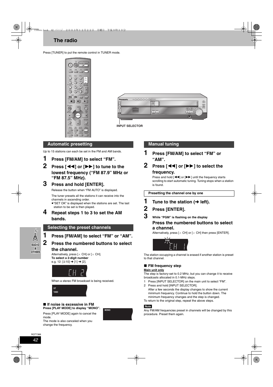Radio & others, The radio, Press [fm/am] to select “fm | Press and hold [enter, Repeat steps 1 to 3 to set the am bands, Press [fm/am] to select “fm” or “am, Press the numbered buttons to select the channel, Press [ 6 ] or [ 5 ] to select the frequency, Tune to the station ( ➜ left), Press [enter | Panasonic SC-HT820V User Manual | Page 42 / 56