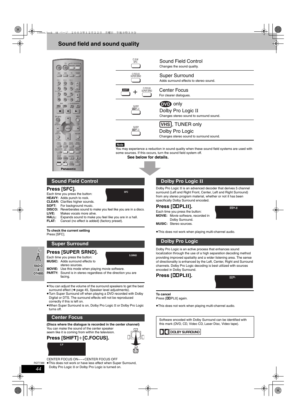 Sound field and sound quality, Press [sfc, Press [super srnd | Press [shift] i [c.focus, Press [ î plii, Sound field control, Super surround, Center focus, Only dolby pro logic ii, Tuner only dolby pro logic | Panasonic SC-HT820V User Manual | Page 44 / 56