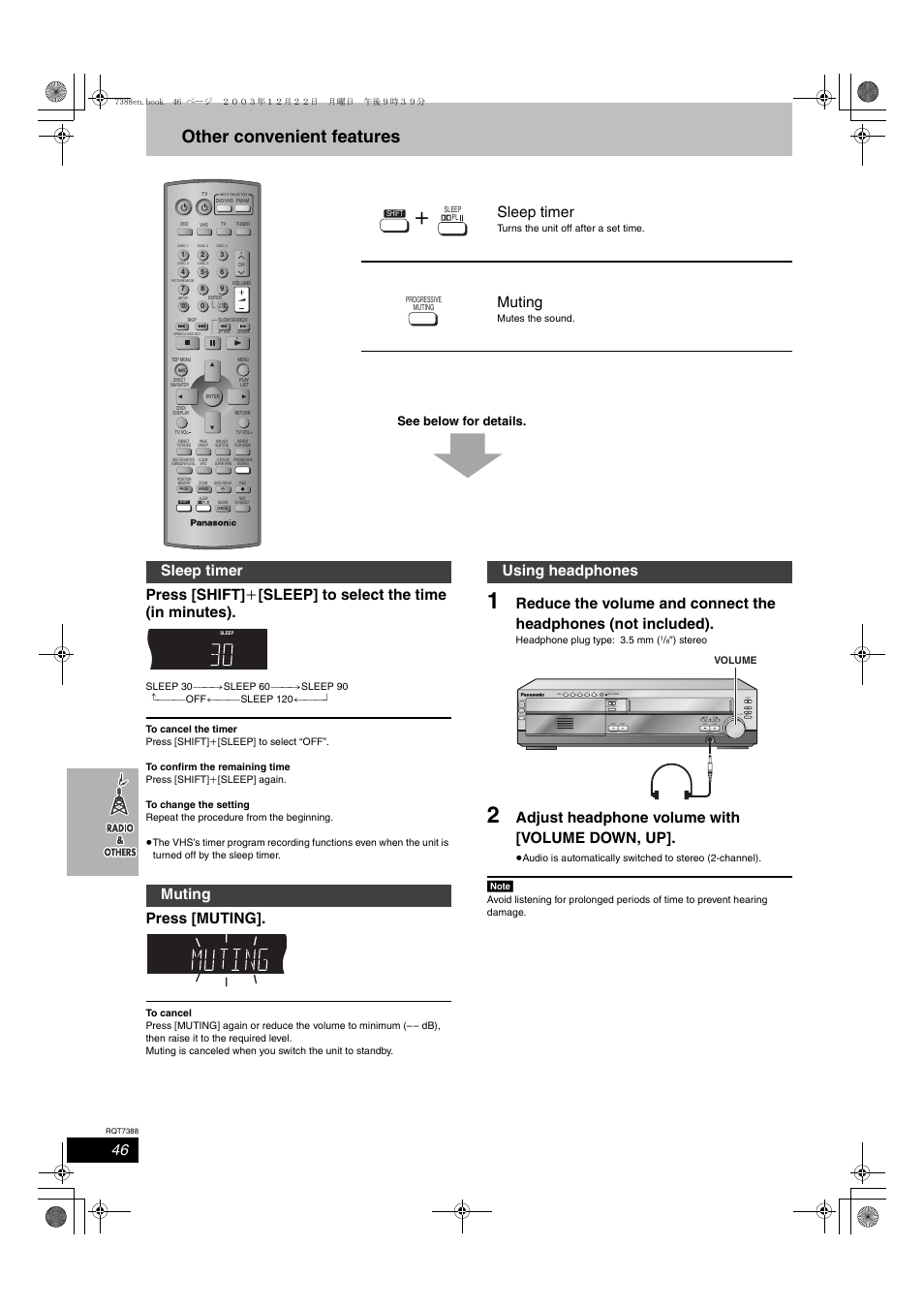 Other convenient features, Press [muting, Adjust headphone volume with [volume down, up | Sleep timer, Muting, Sleep timer muting, Using headphones, Input selector, Down up phones ch volume, Demo | Panasonic SC-HT820V User Manual | Page 46 / 56