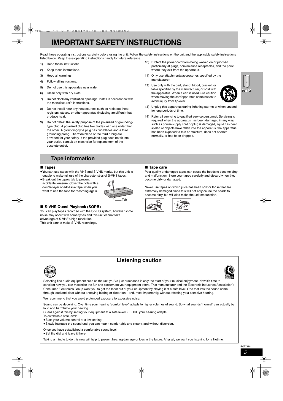 Important safety instructions, Tape information, Listening caution | Panasonic SC-HT820V User Manual | Page 5 / 56