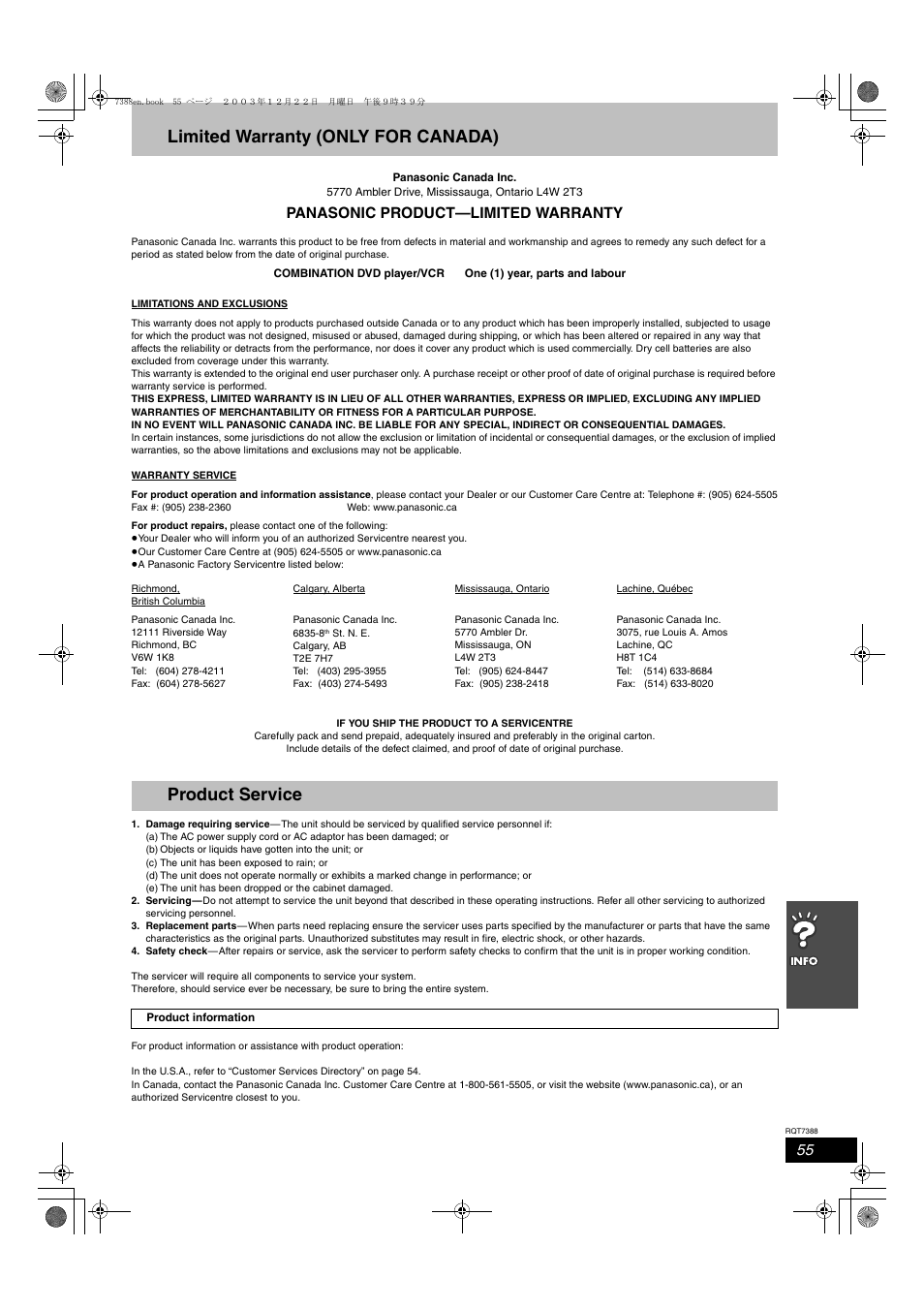 Limited warranty (only for canada), Product service, Panasonic product—limited warranty | Panasonic SC-HT820V User Manual | Page 55 / 56