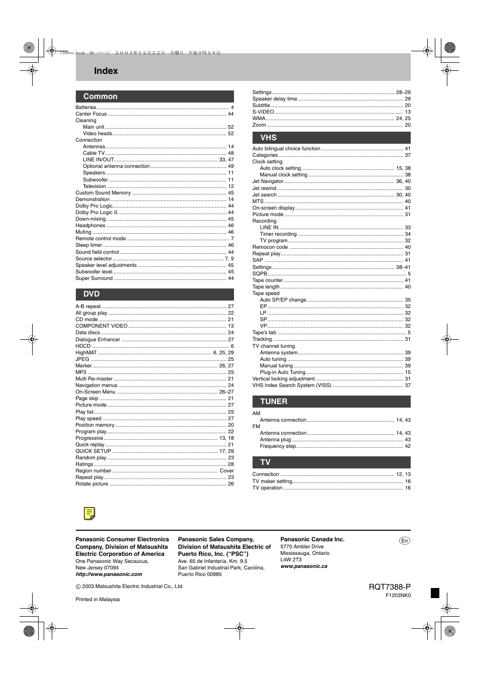 Index, Common dvd vhs tuner tv, Rqt7388-p | Panasonic SC-HT820V User Manual | Page 56 / 56
